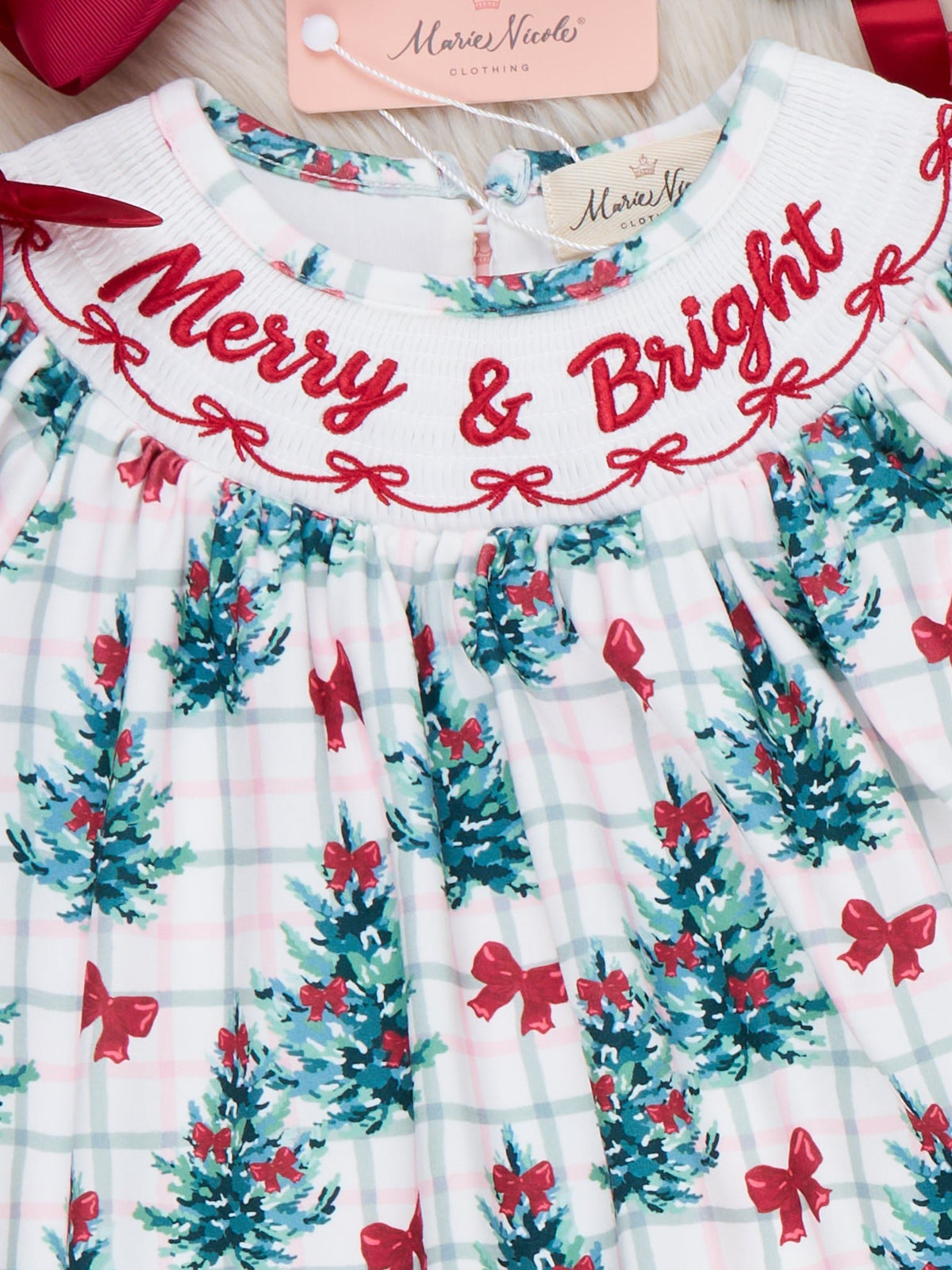 "Merry & Bright" Christmas Tree Smocked Dress - Marie Nicole Clothing