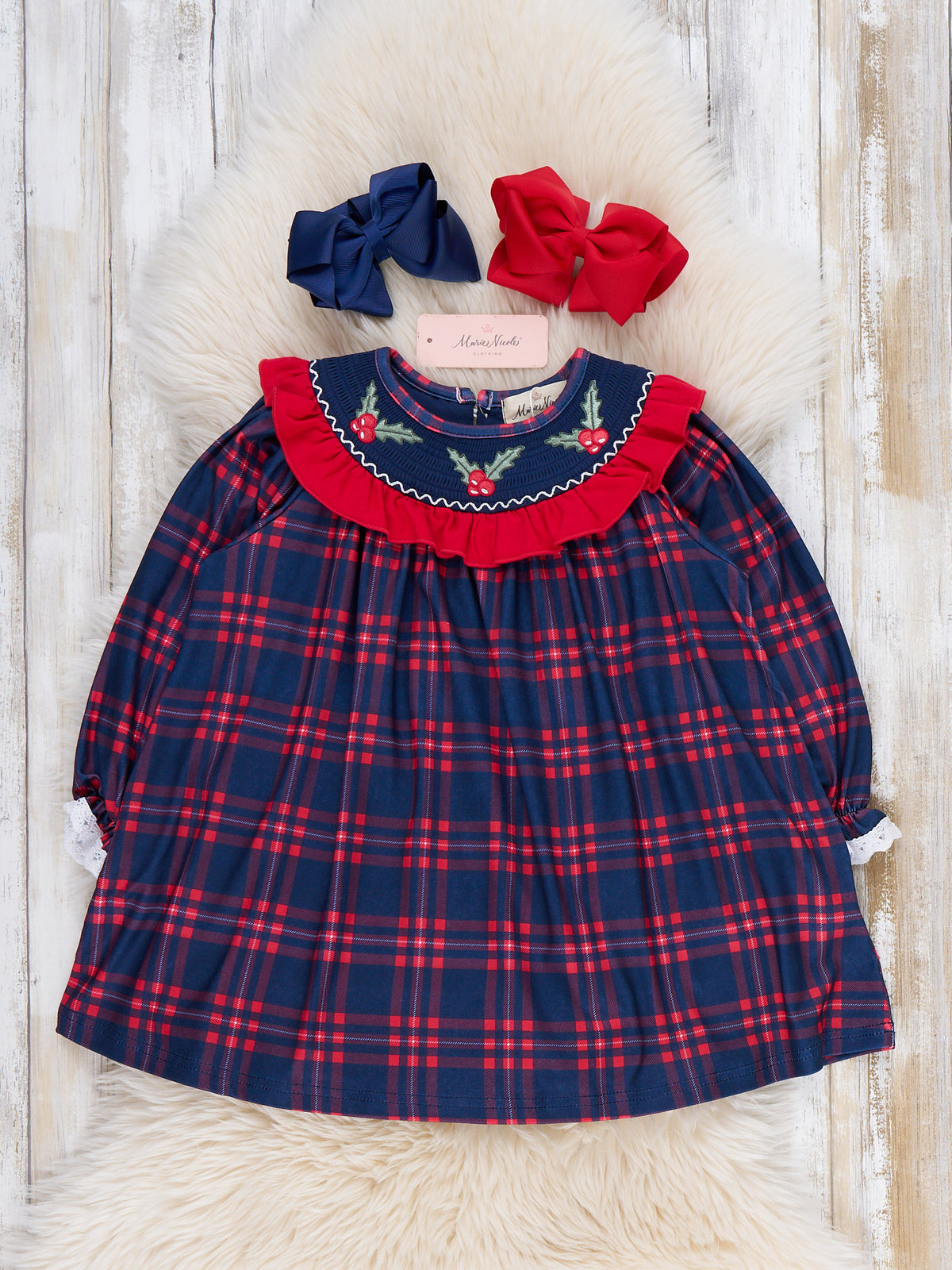 Christmas Holly Smocked Plaid Ruffle Dress - Marie Nicole Clothing