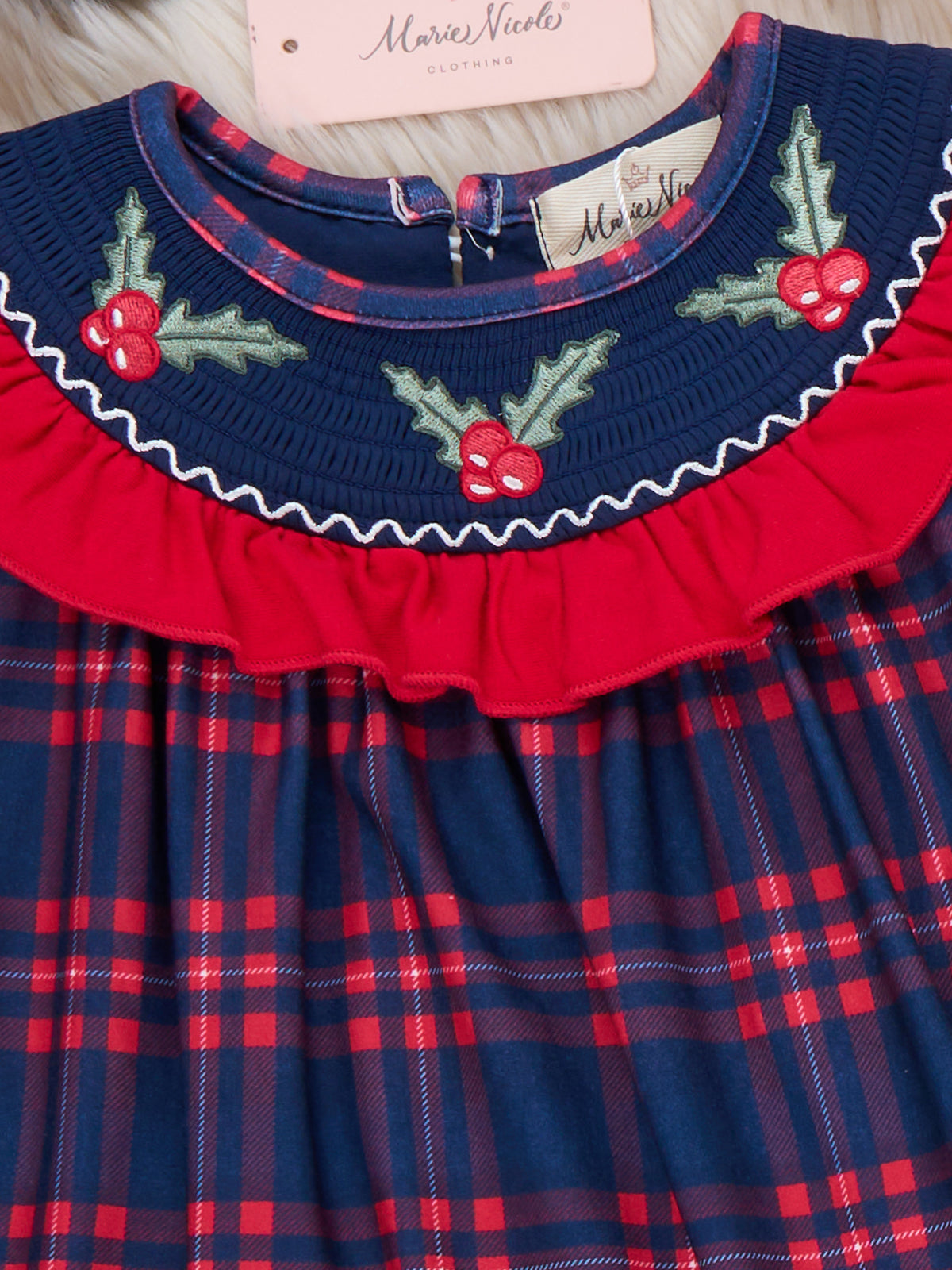 Christmas Holly Smocked Plaid Ruffle Dress - Marie Nicole Clothing