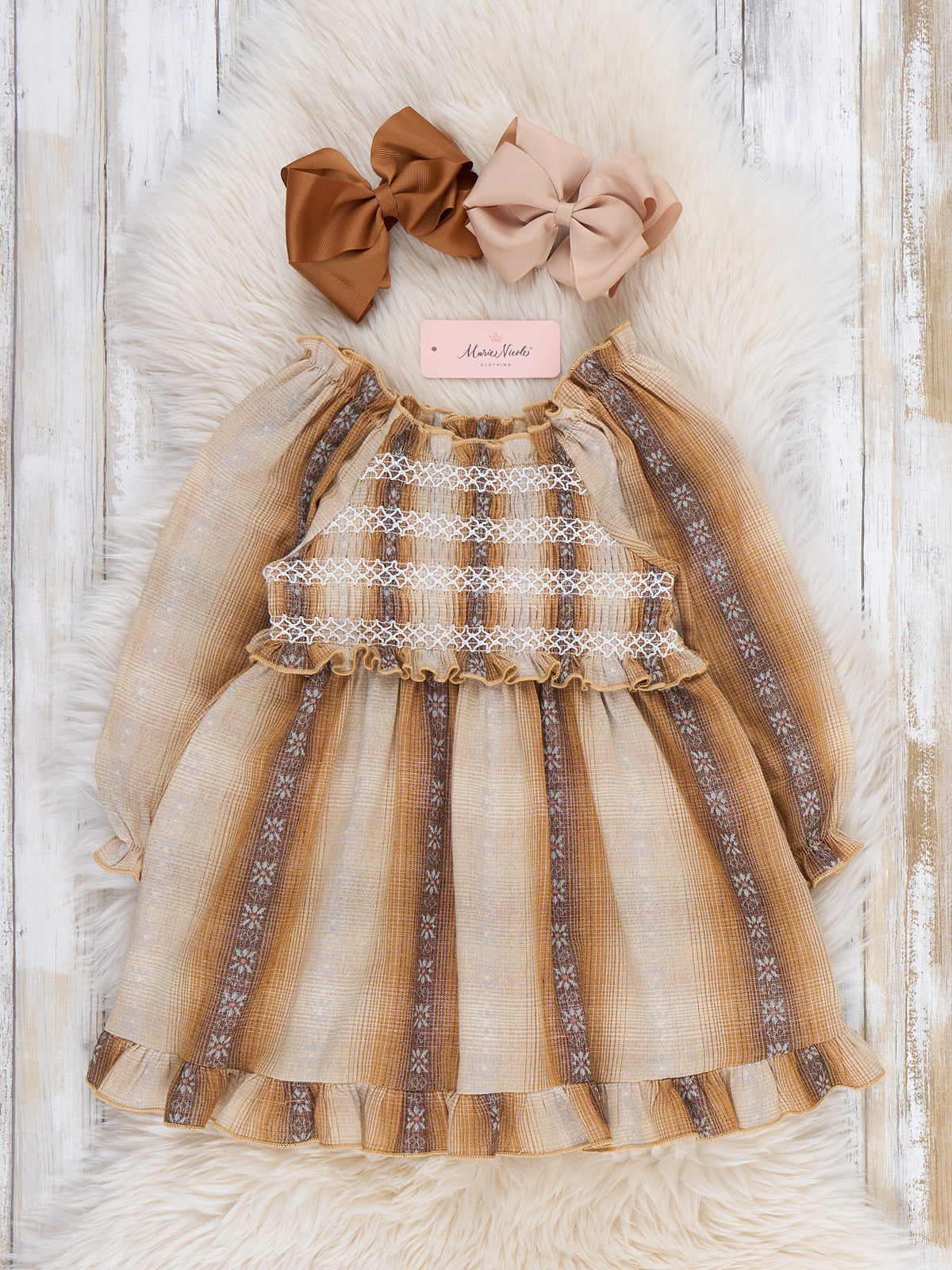 Golden Plaid 100% Cotton Smocked Ruffle Dress - Marie Nicole Clothing