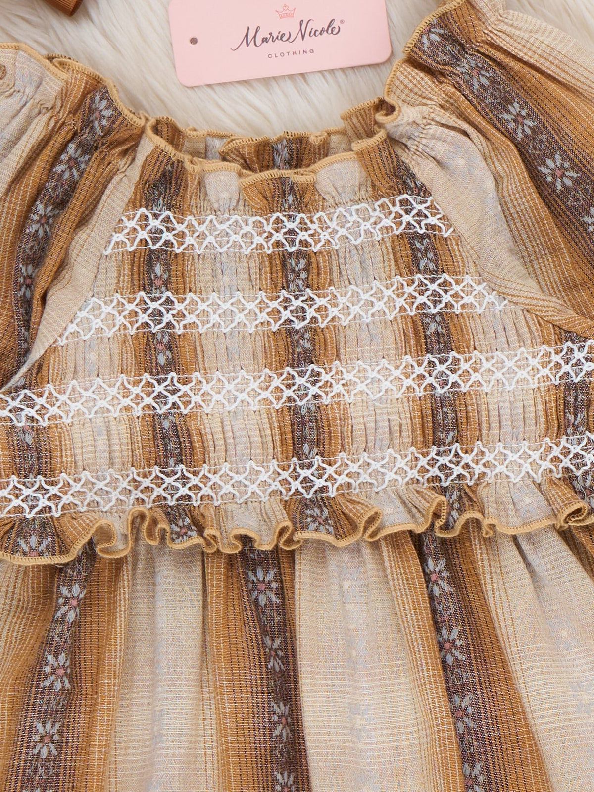 Golden Plaid 100% Cotton Smocked Ruffle Dress - Marie Nicole Clothing