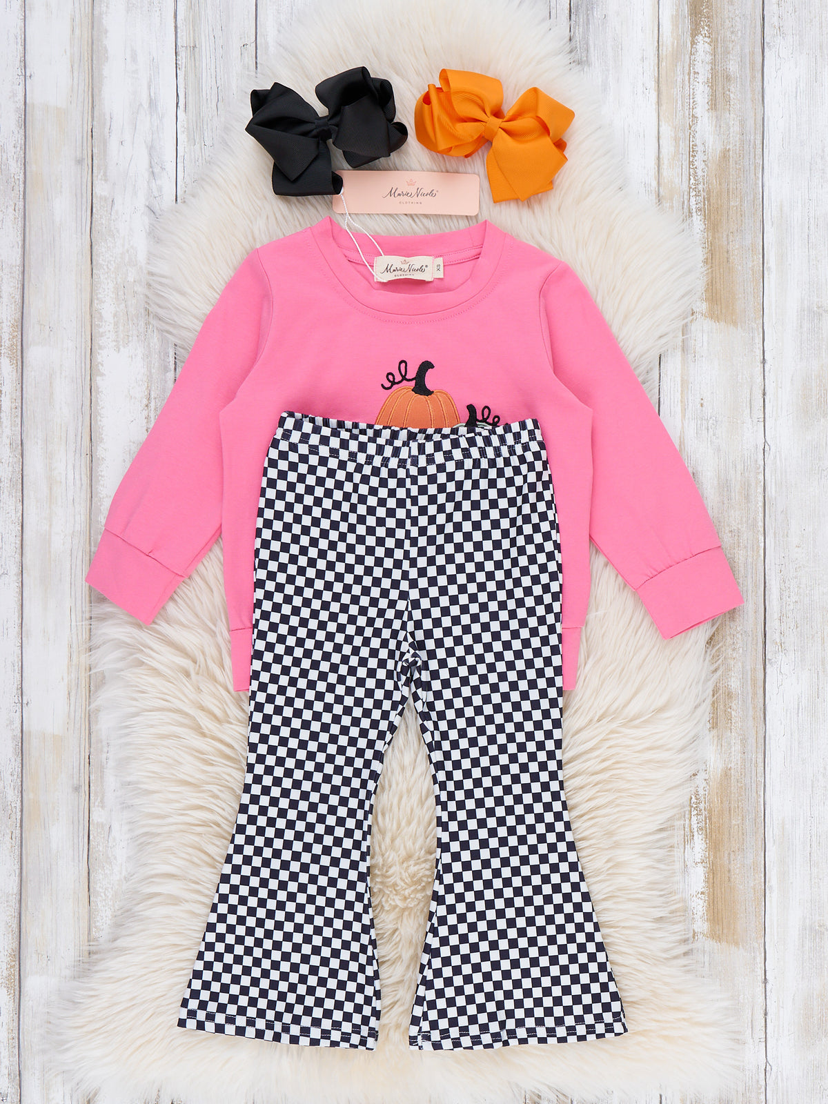 Check Pumpkin Embroidered Bell Bottom Outfit - Marie Nicole Clothing