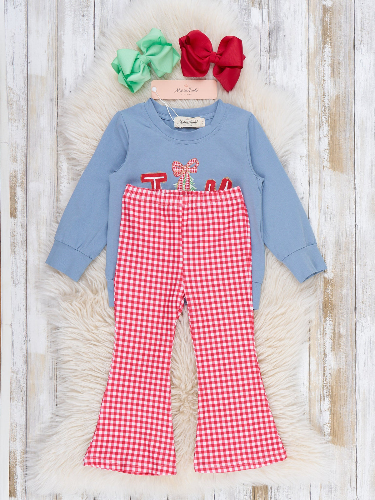 "Joy To The World" Gingham Bell Bottom Outfit - Marie Nicole Clothing