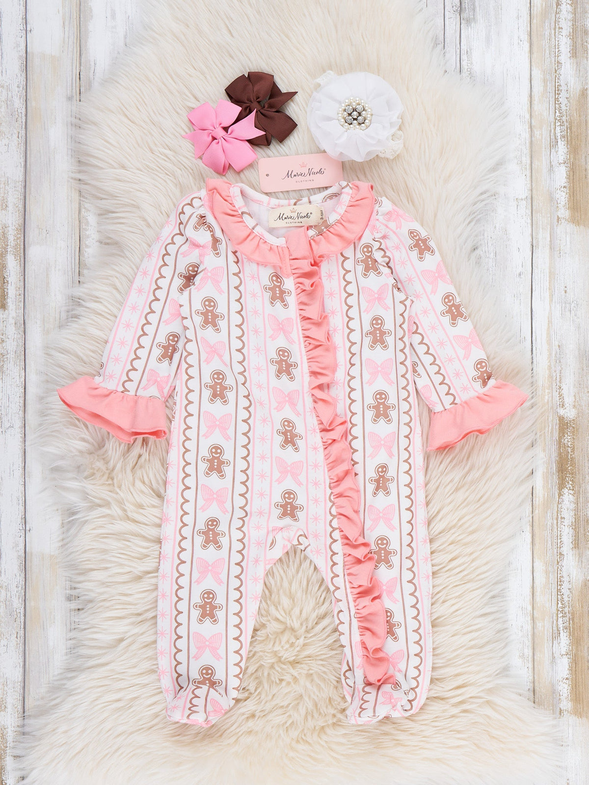 Sweet Gingerbread Ruffle Footed Sleeper Pajamas - Marie Nicole Clothing