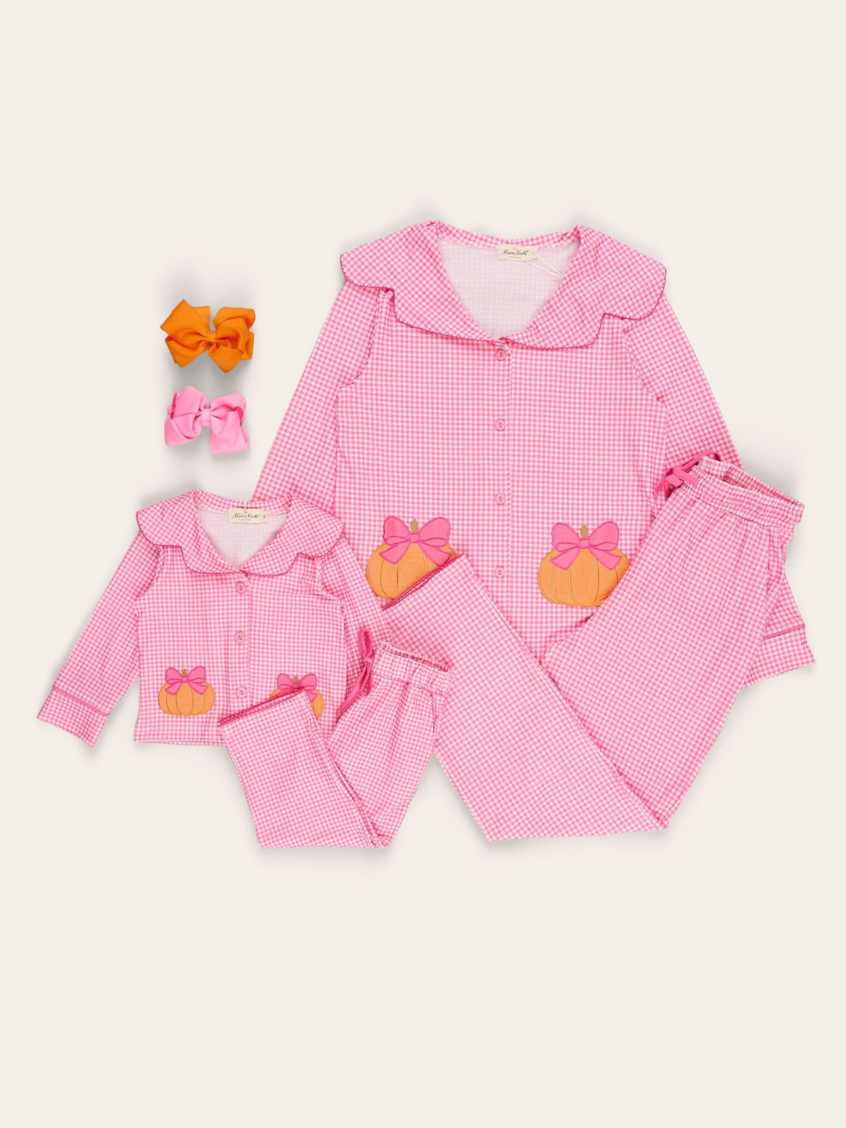 Mom & Me Cozy Pumpkin Gingham Embroidered Pajama - Marie Nicole Clothing