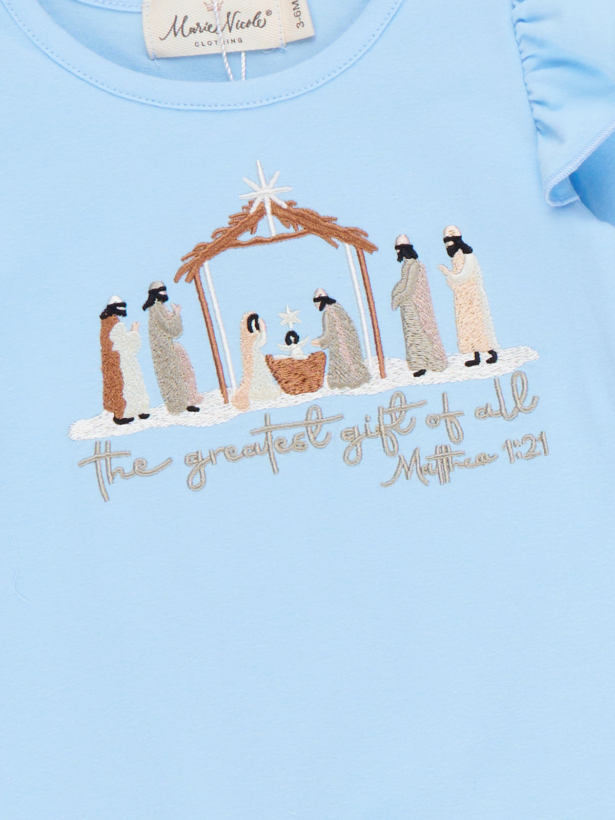 Greatest Gift Nativity Embroidered Ruffle Romper - Marie Nicole Clothing