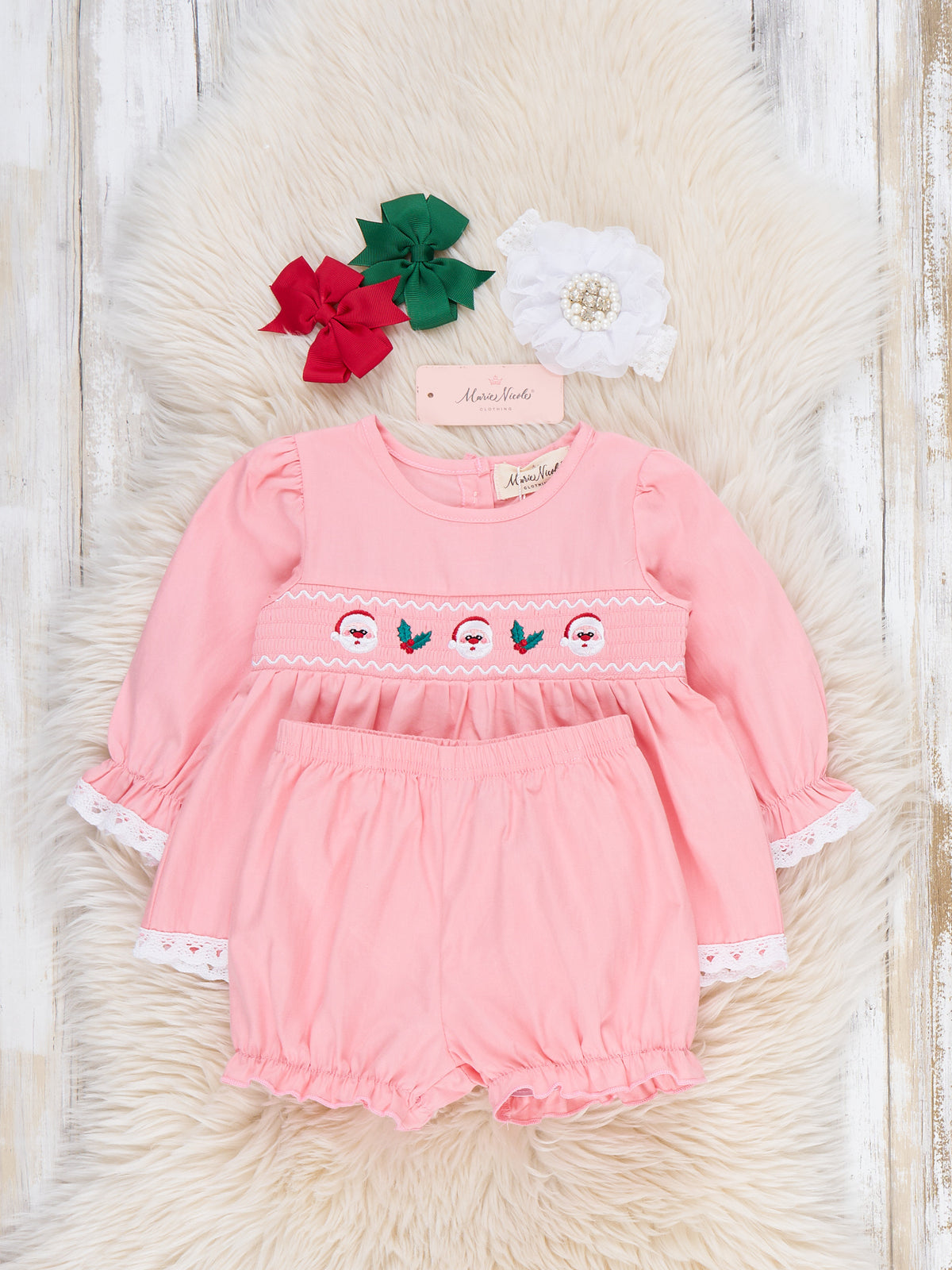 Jolly Santa Smocked Lace Bloomer Outfit - Marie Nicole Clothing