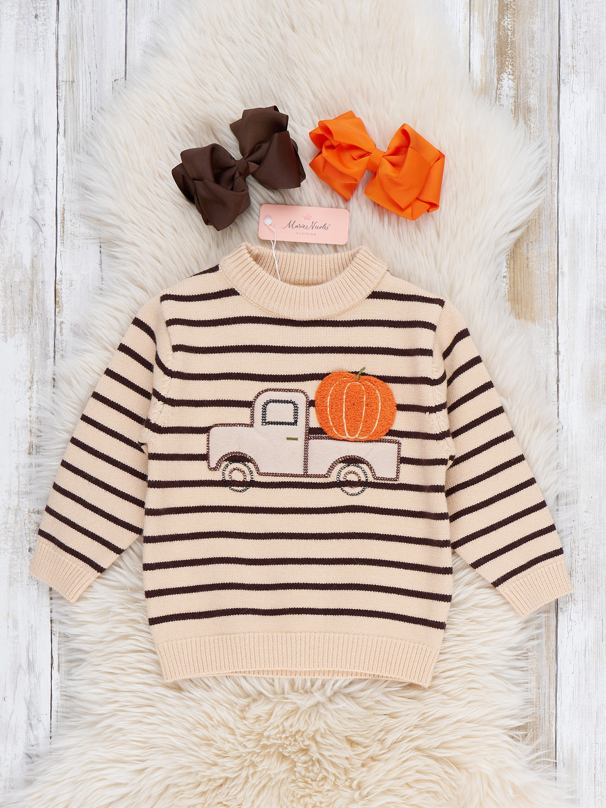 Pumpkin Hauler Striped Embroidered Sweater - Marie Nicole Clothing