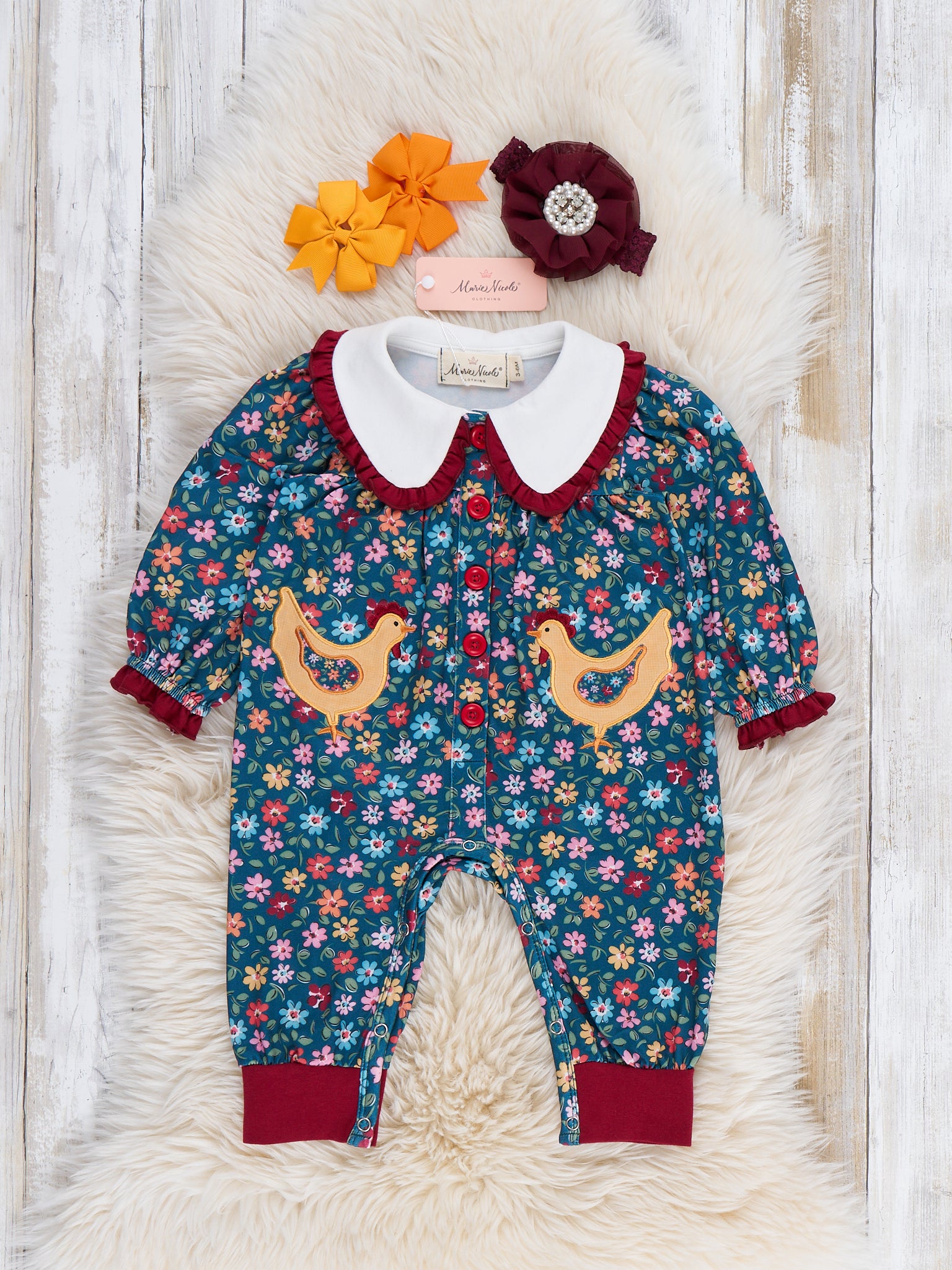 Garden Bloom Hen Embroidered Romper - Marie Nicole Clothing