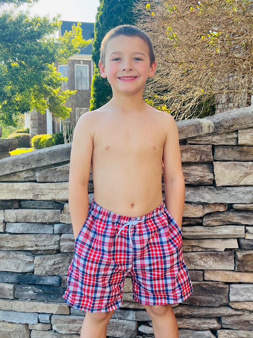 Patriotic Plaid Swim Trunks - Marie Nicole Clothing