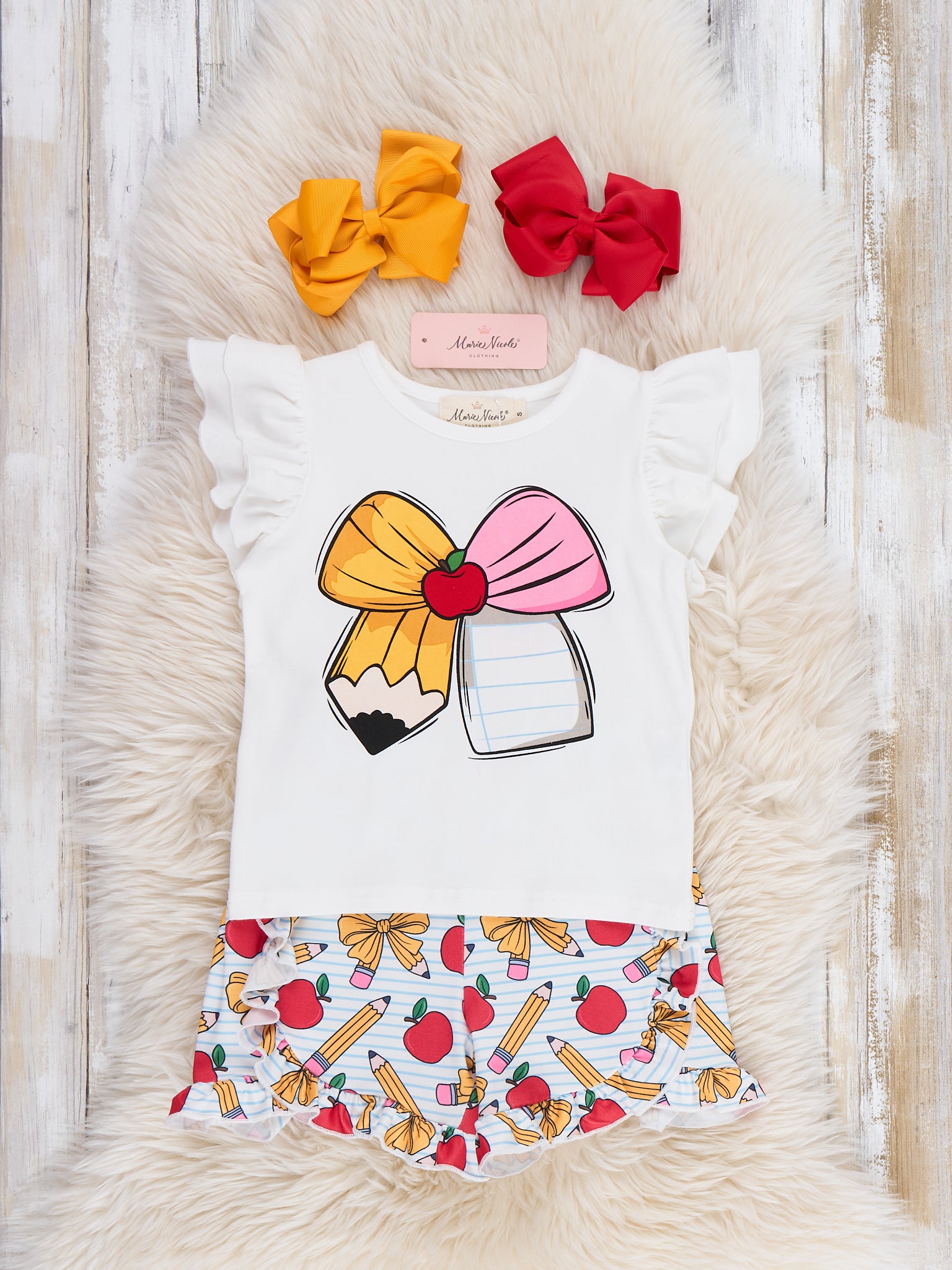 Little Learner Bow Applique Ruffle Outfit - Marie Nicole Clothing