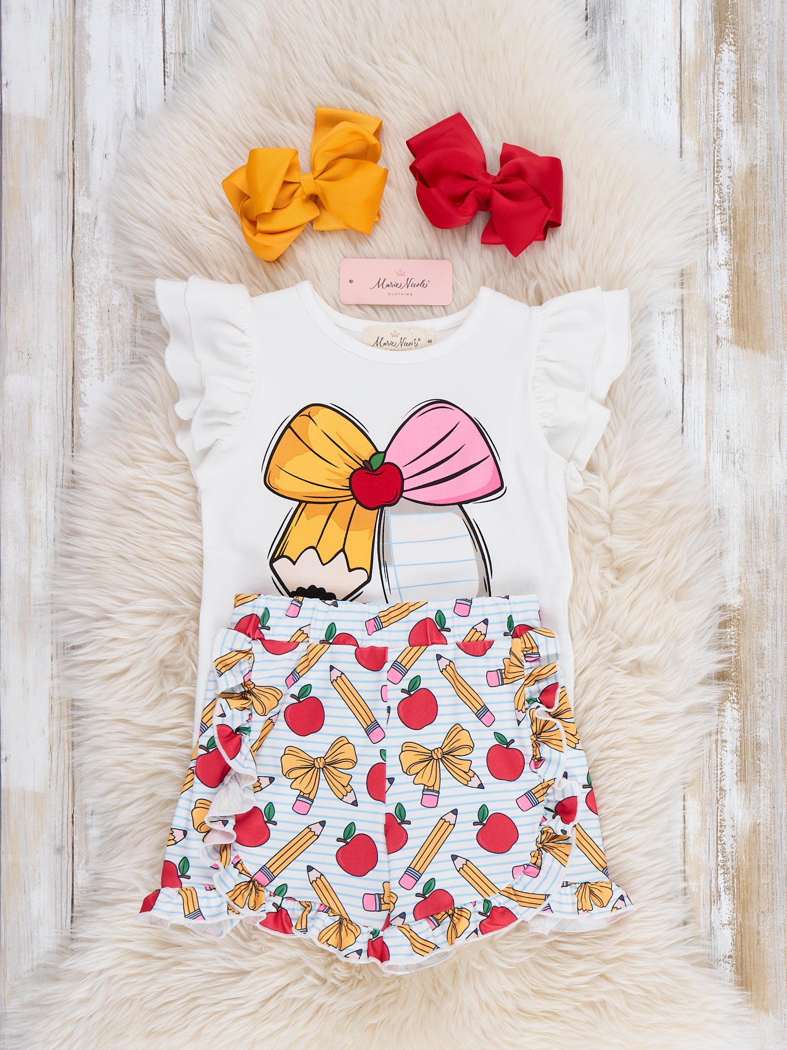 Little Learner Bow Applique Ruffle Outfit - Marie Nicole Clothing
