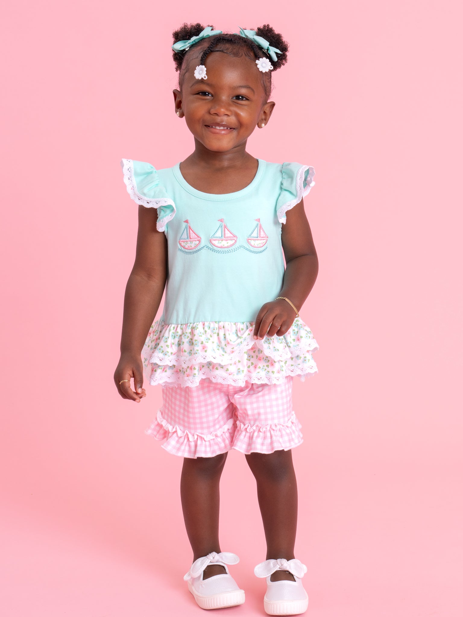 Little Sailboats Embroidered Lace Ruffle Outfit - Marie Nicole Clothing