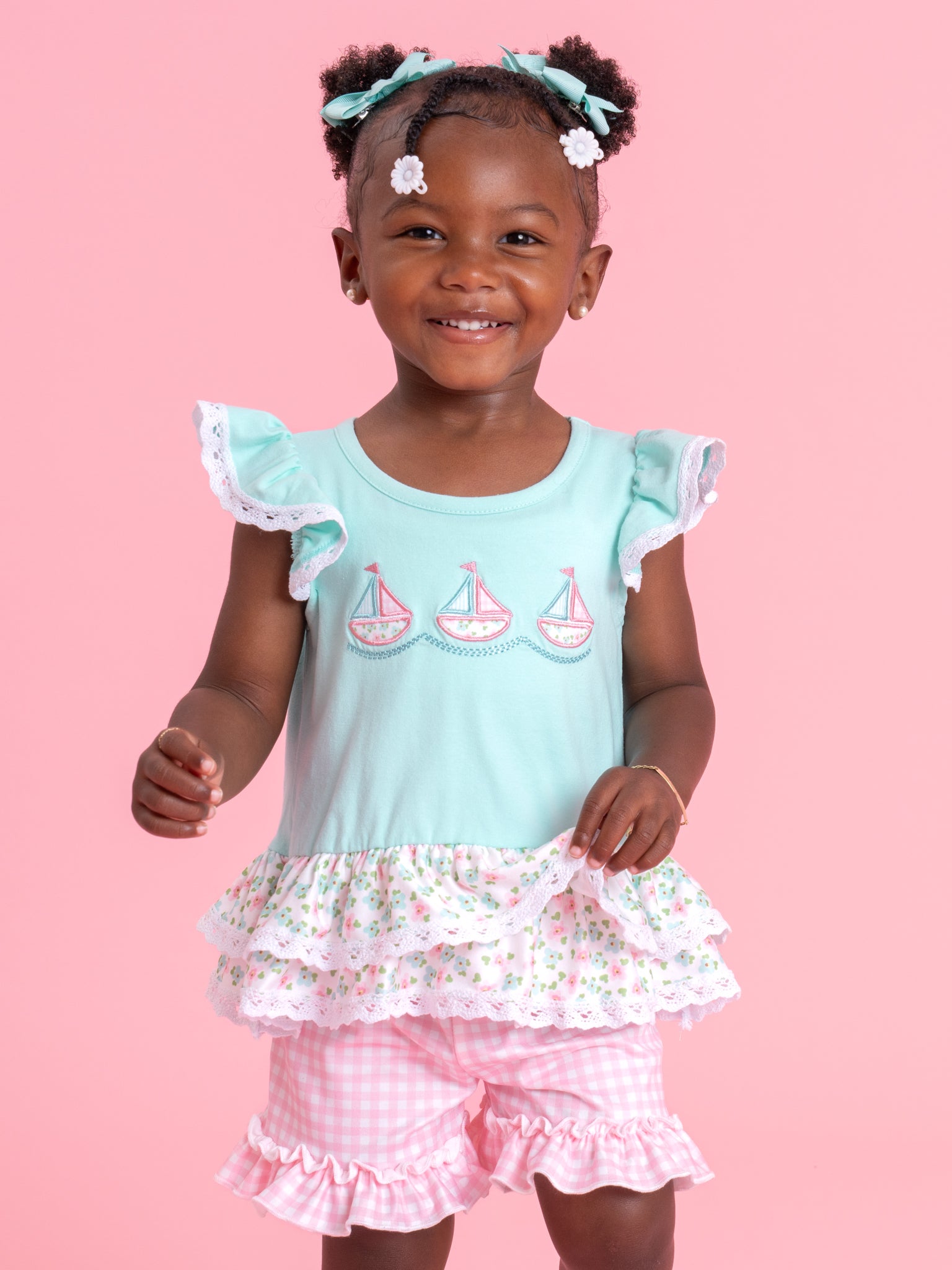 Little Sailboats Embroidered Lace Ruffle Outfit - Marie Nicole Clothing