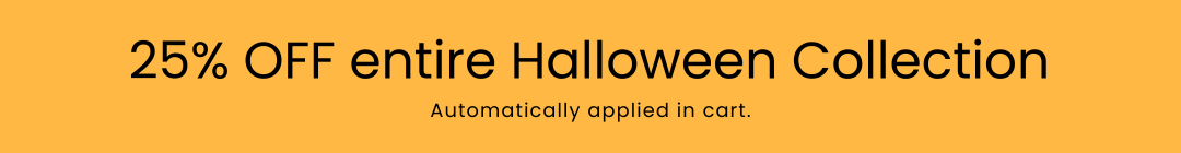 A promotional banner with a warm orange background and black text reading '25% OFF entire Halloween Collection' and 'Automatically applied in cart.'.