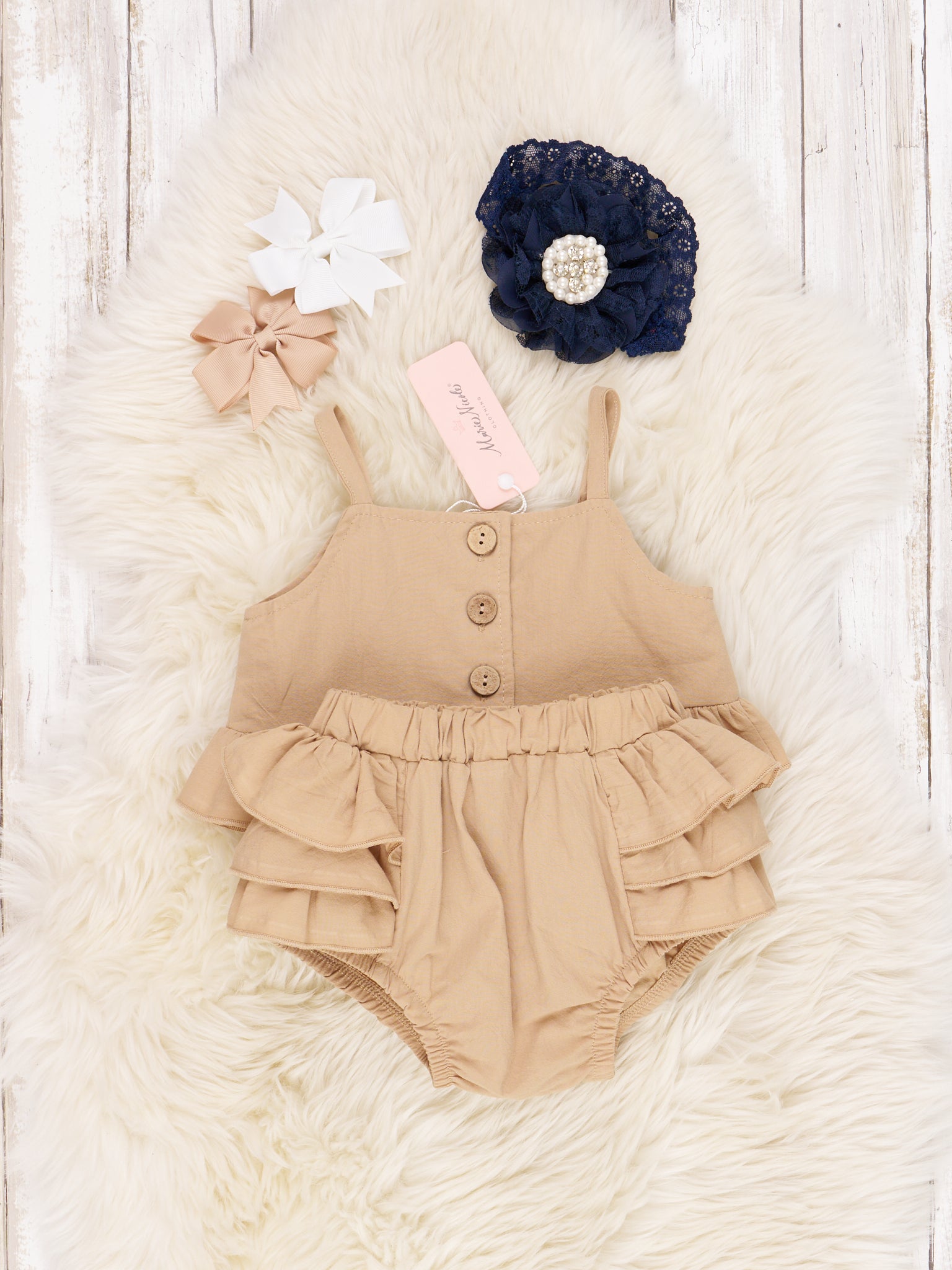 Tan Paper Bag Ruffle Bloomers Outfit - Marie Nicole Clothing