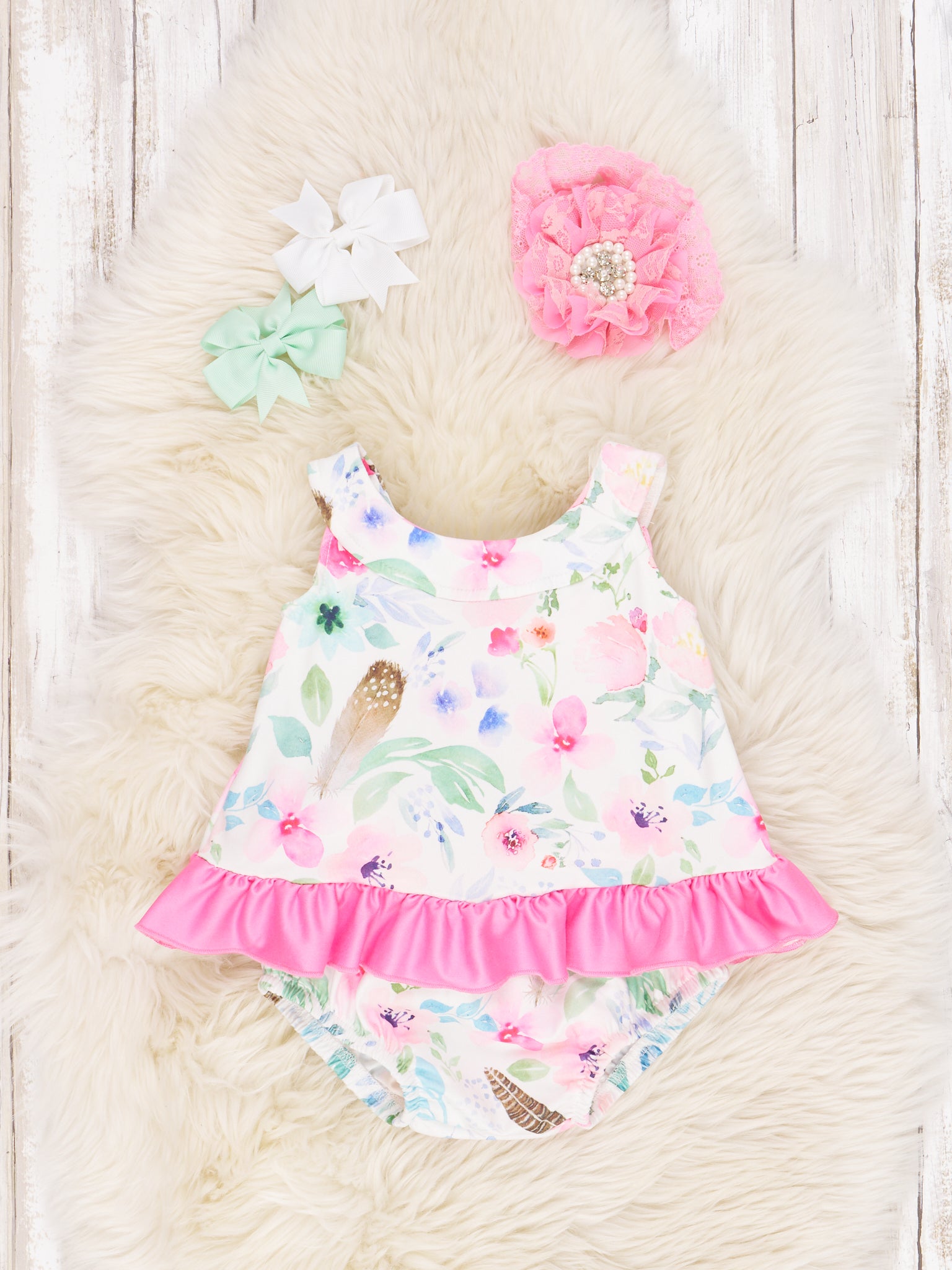 Pink Watercolor Floral Ruffle Bloomers Outfit - Marie Nicole Clothing