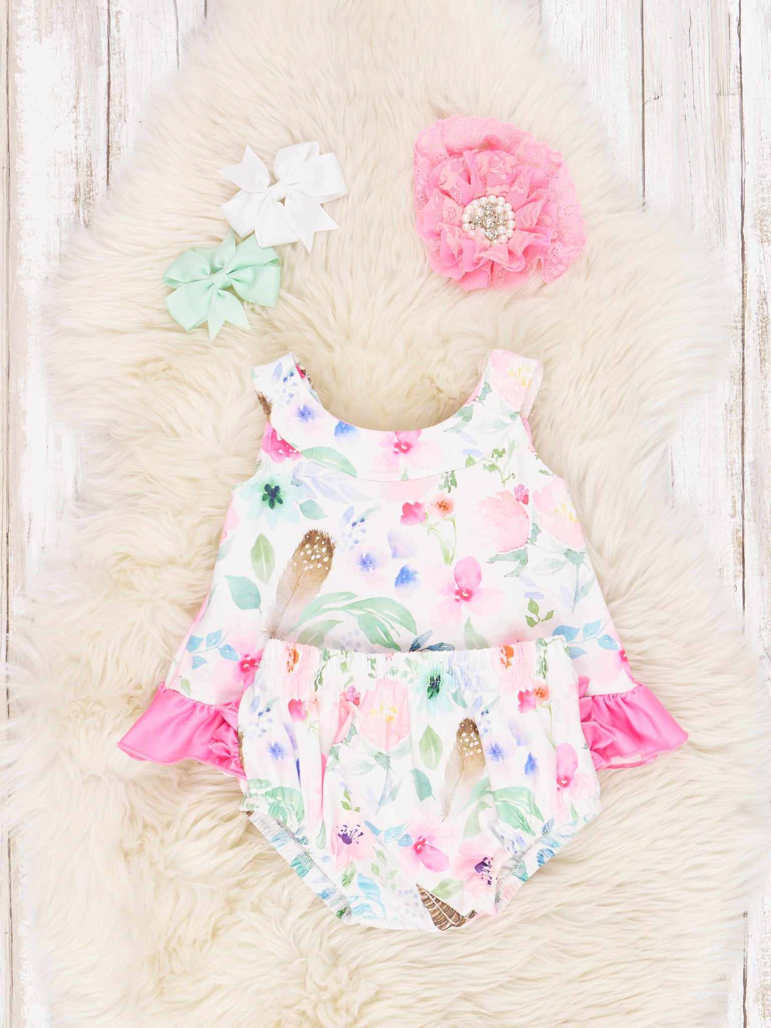 Pink Watercolor Floral Ruffle Bloomers Outfit - Marie Nicole Clothing