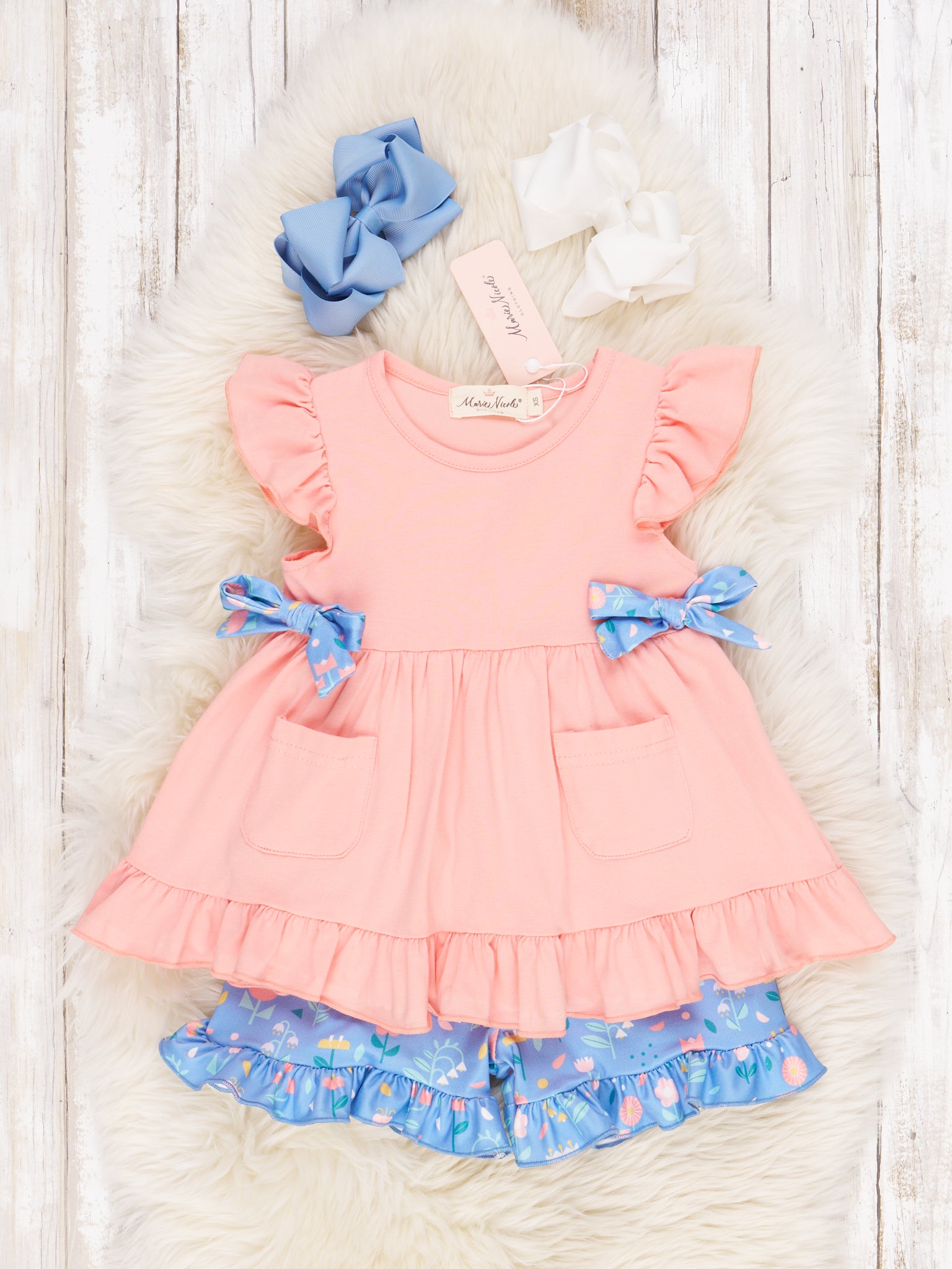 Peach Floral Ruffle Bow Outfit - Marie Nicole Clothing