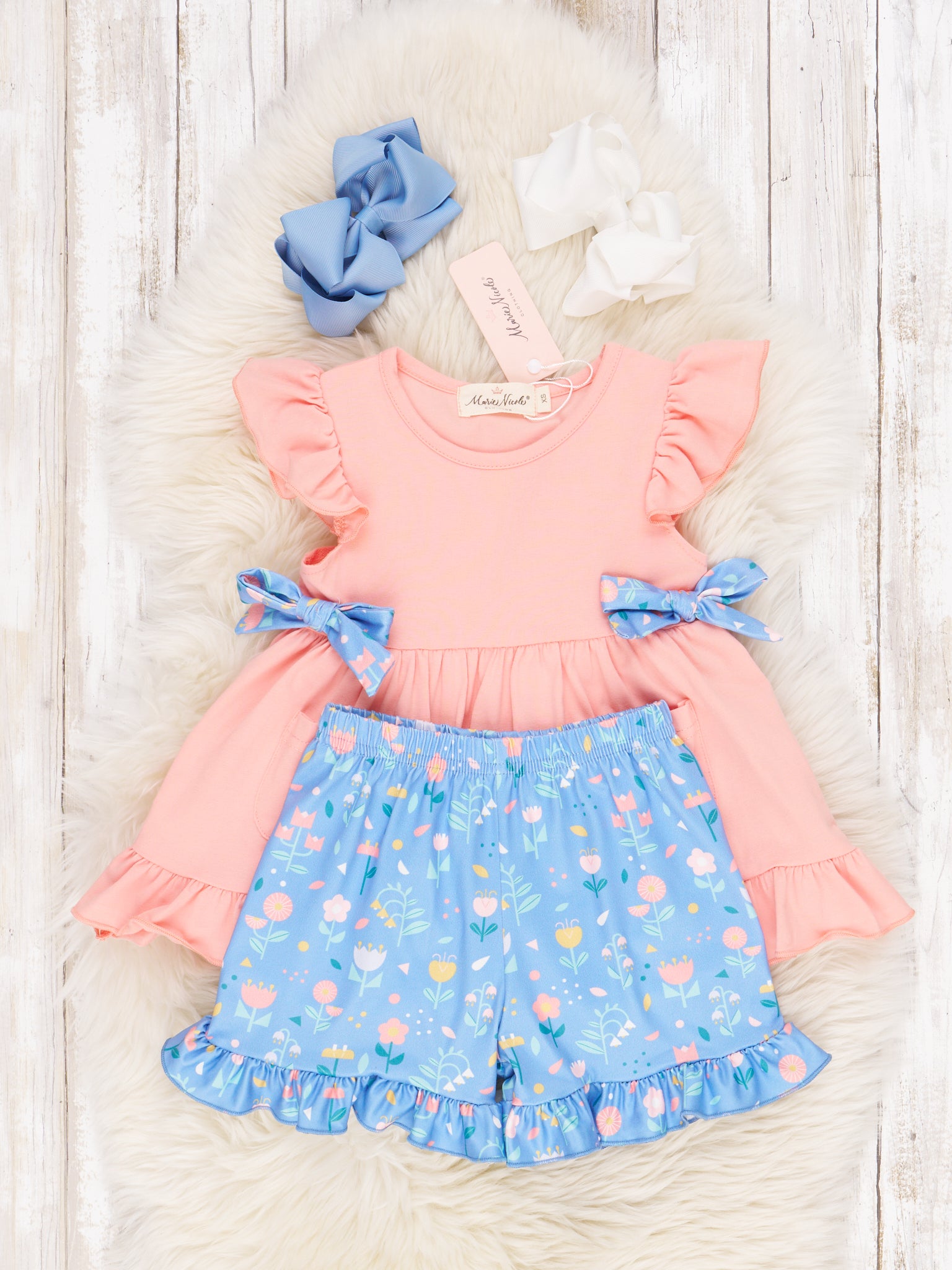 Peach Floral Ruffle Bow Outfit - Marie Nicole Clothing