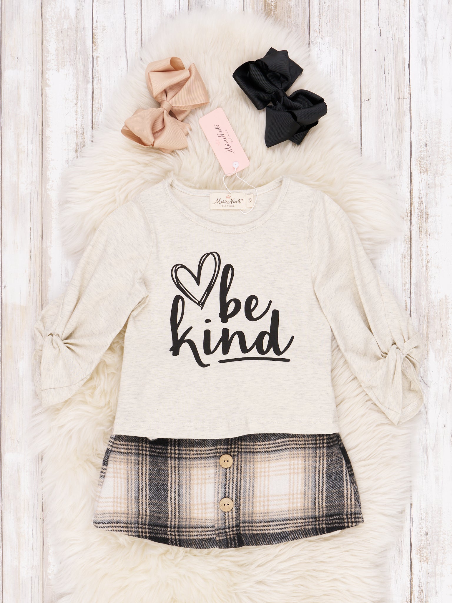 Grey "Be Kind" Plaid Skirt Outfit - Marie Nicole Clothing