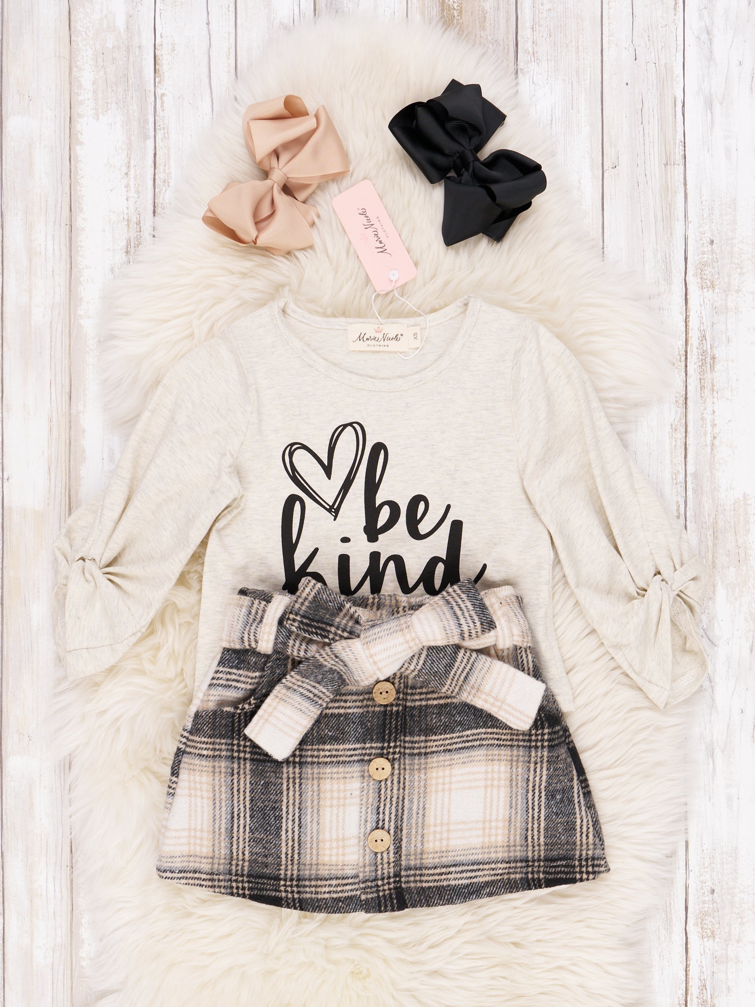 Grey "Be Kind" Plaid Skirt Outfit - Marie Nicole Clothing