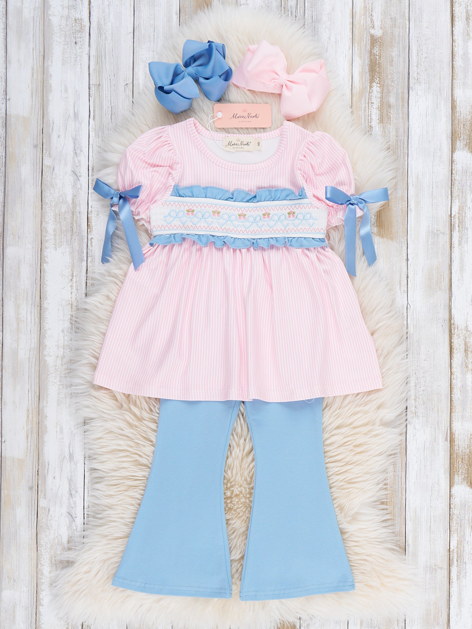 Dainty Bow Smocked Bell Bottom Outfit - Marie Nicole Clothing