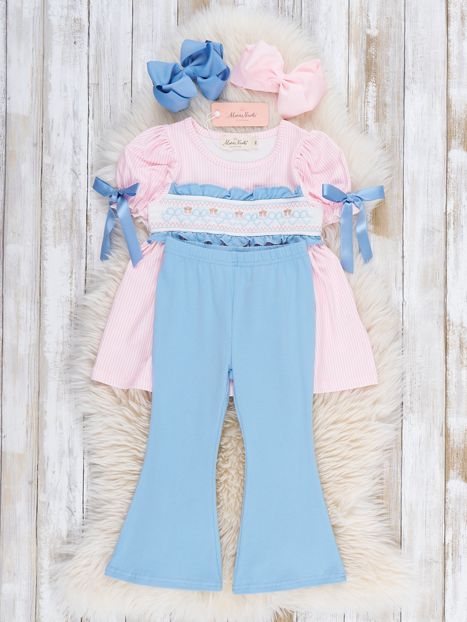 Dainty Bow Smocked Bell Bottom Outfit - Marie Nicole Clothing