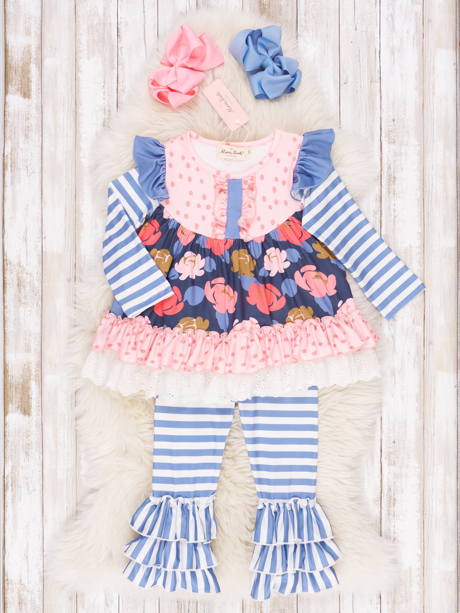 Pink & Blue Garden Ruffle Outfit - Marie Nicole Clothing