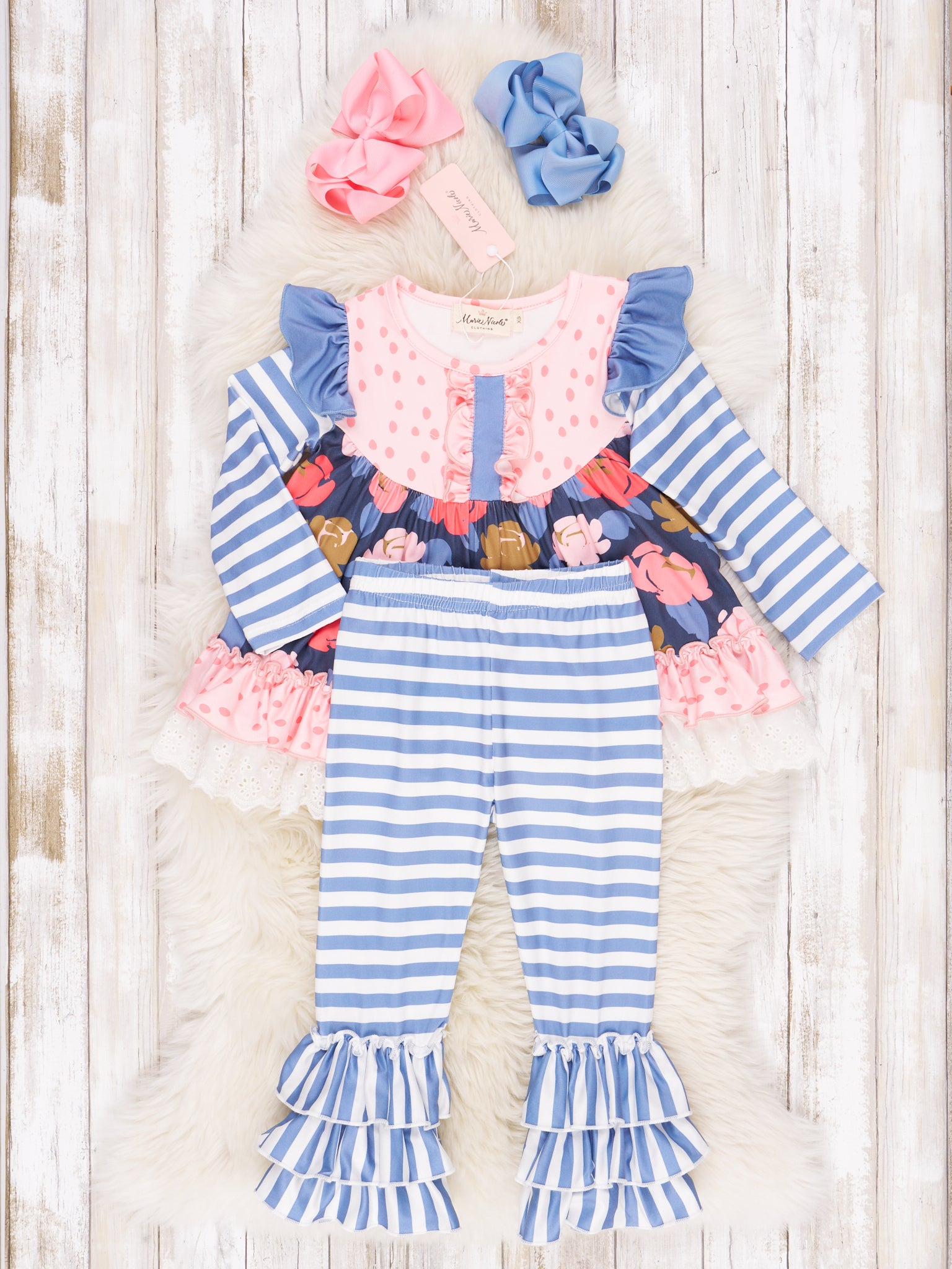 Pink & Blue Garden Ruffle Outfit - Marie Nicole Clothing