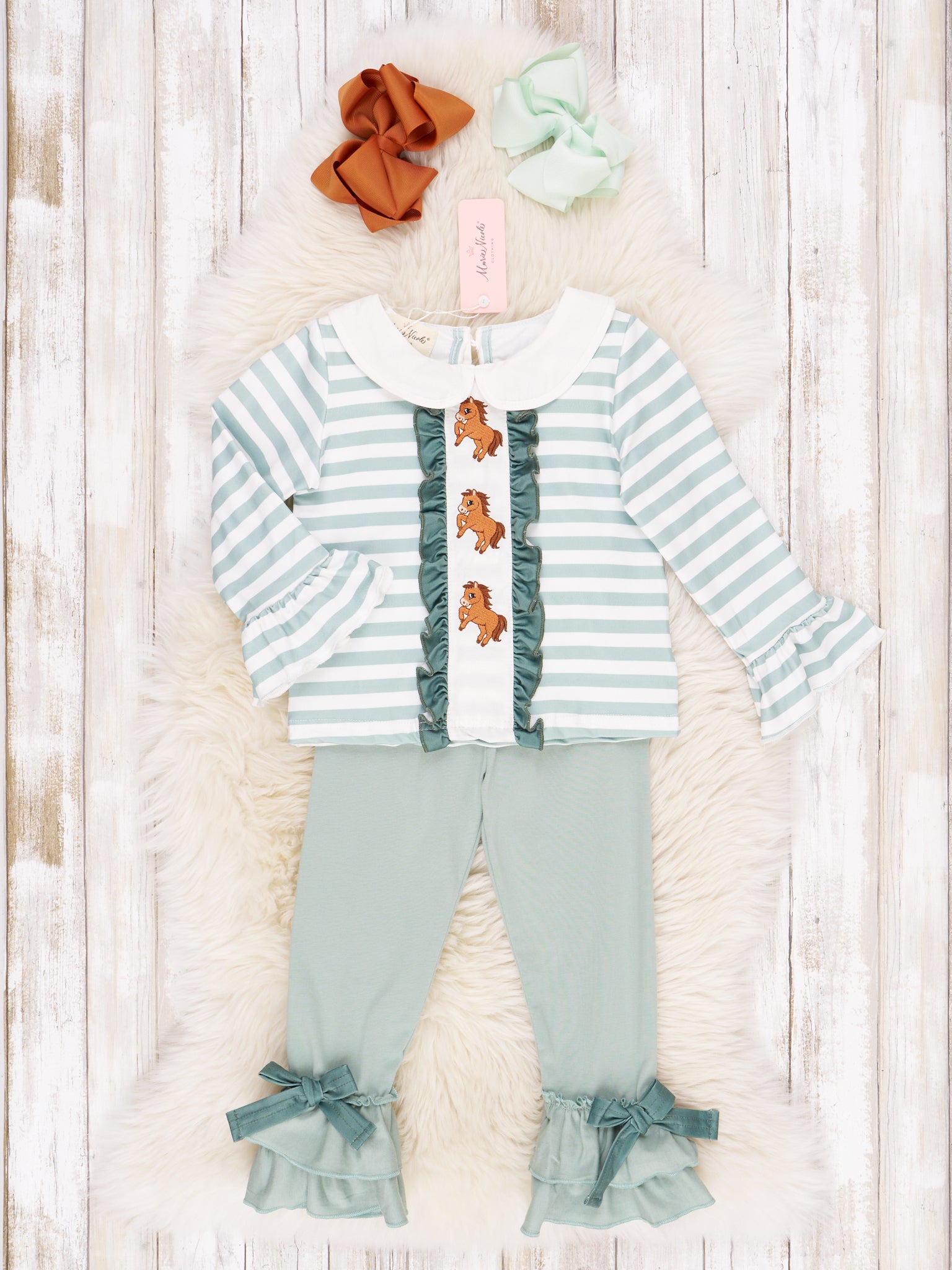 Green & White Stripe Embroidered Horse Outfit - Marie Nicole Clothing