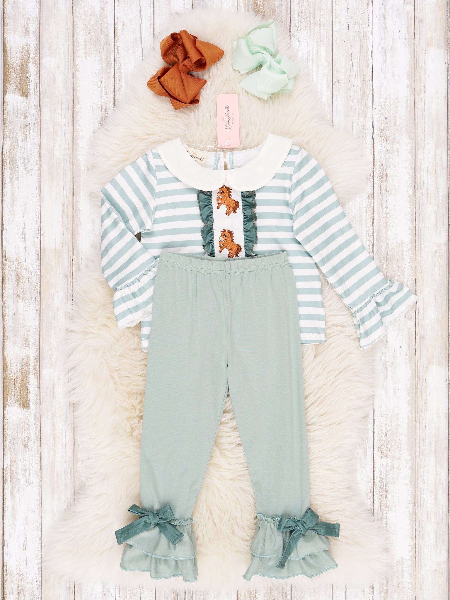 Green & White Stripe Embroidered Horse Outfit - Marie Nicole Clothing