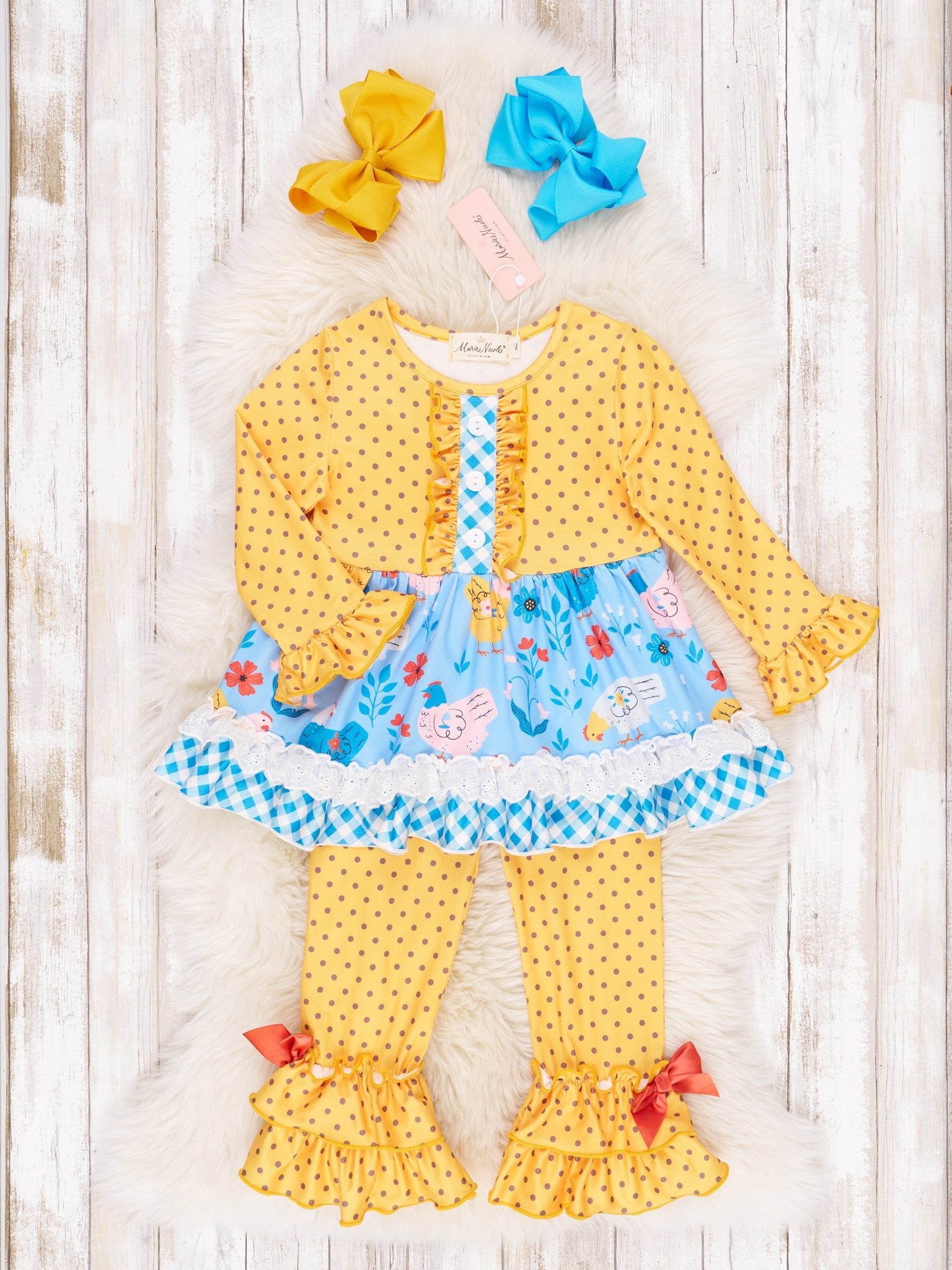 Yellow Dot Chicken Ruffle Outfit - Marie Nicole Clothing