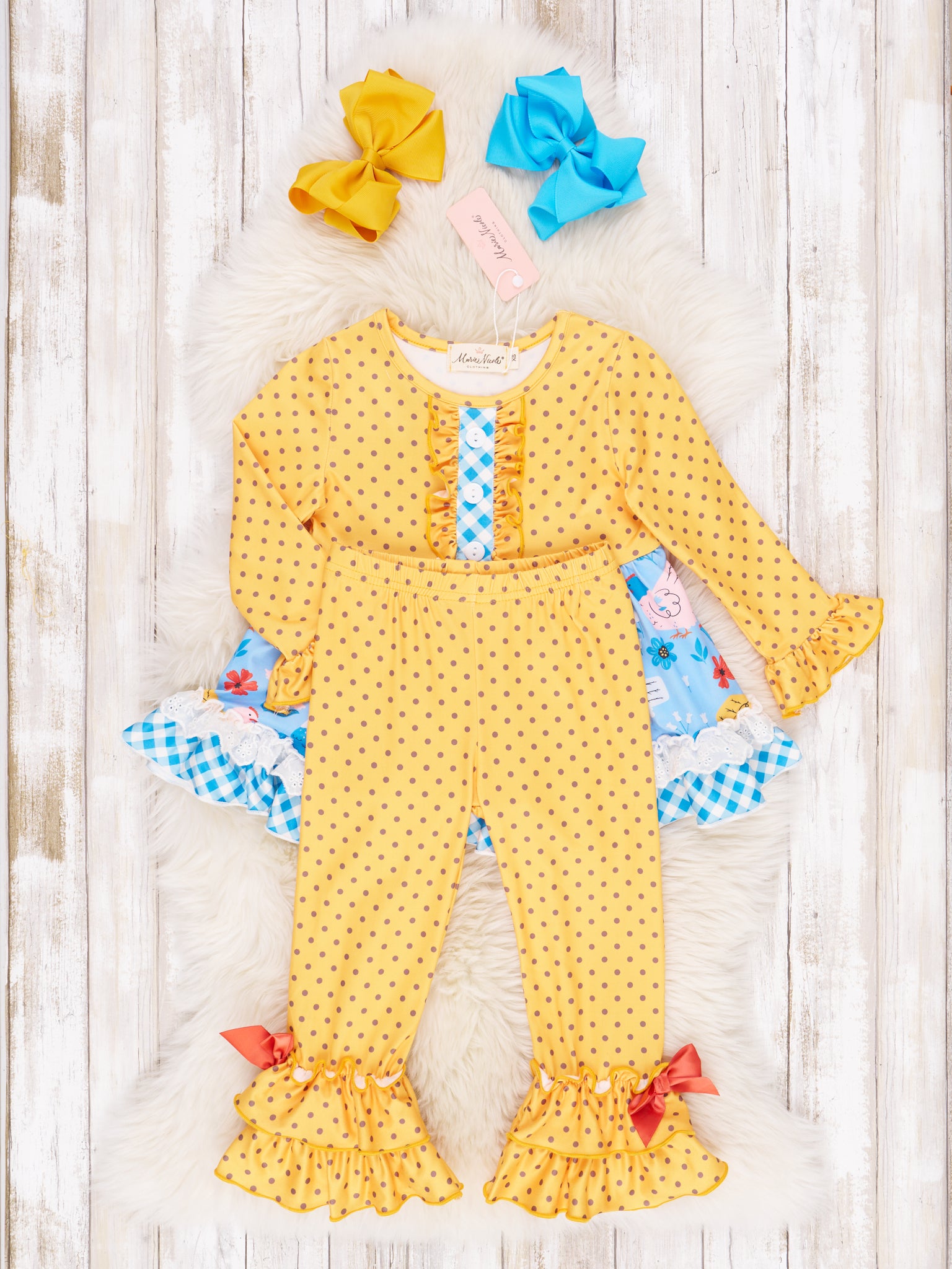 Yellow Dot Chicken Ruffle Outfit - Marie Nicole Clothing