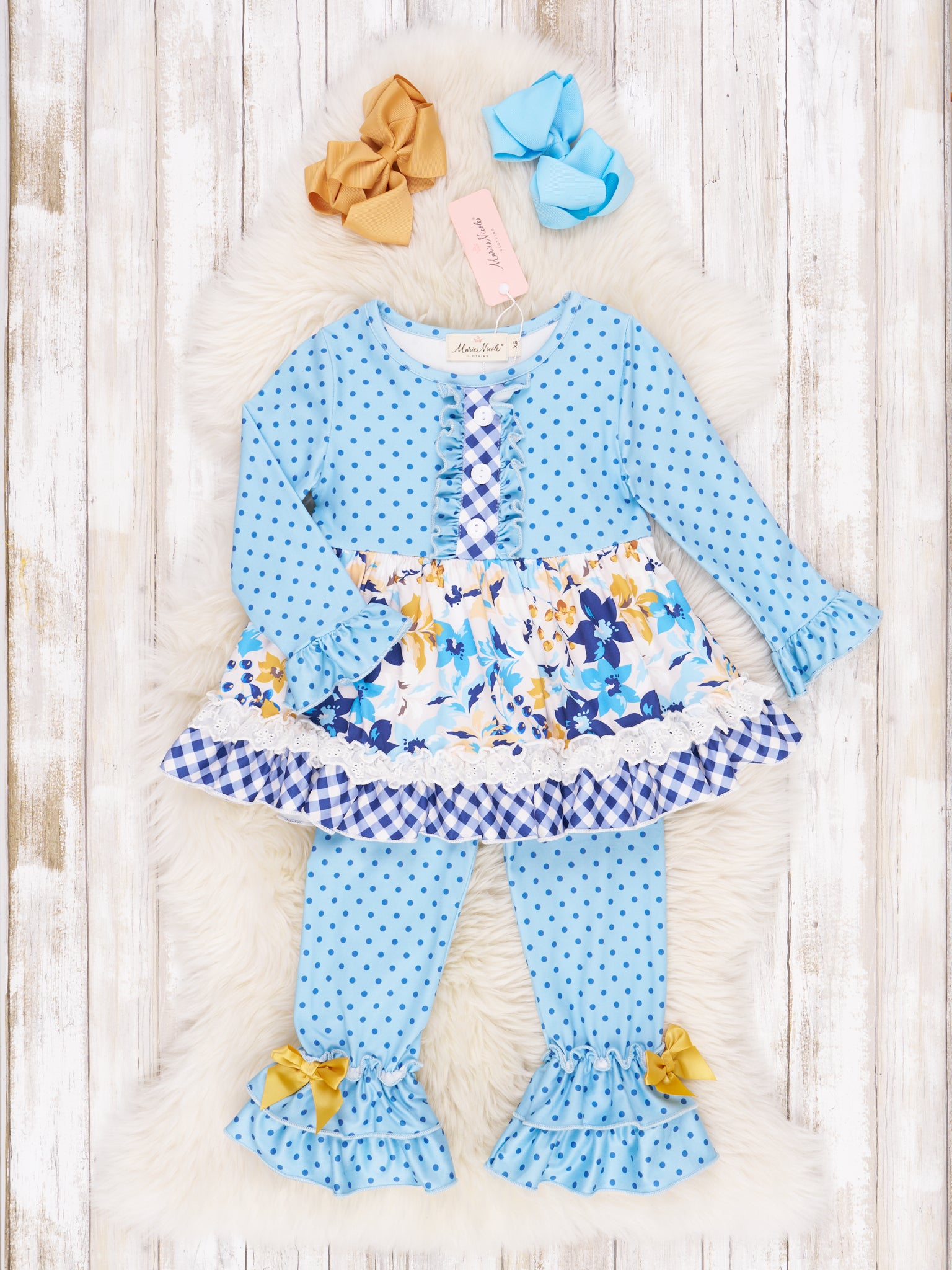 Blue Floral & Gingham Ruffle Outfit - Marie Nicole Clothing