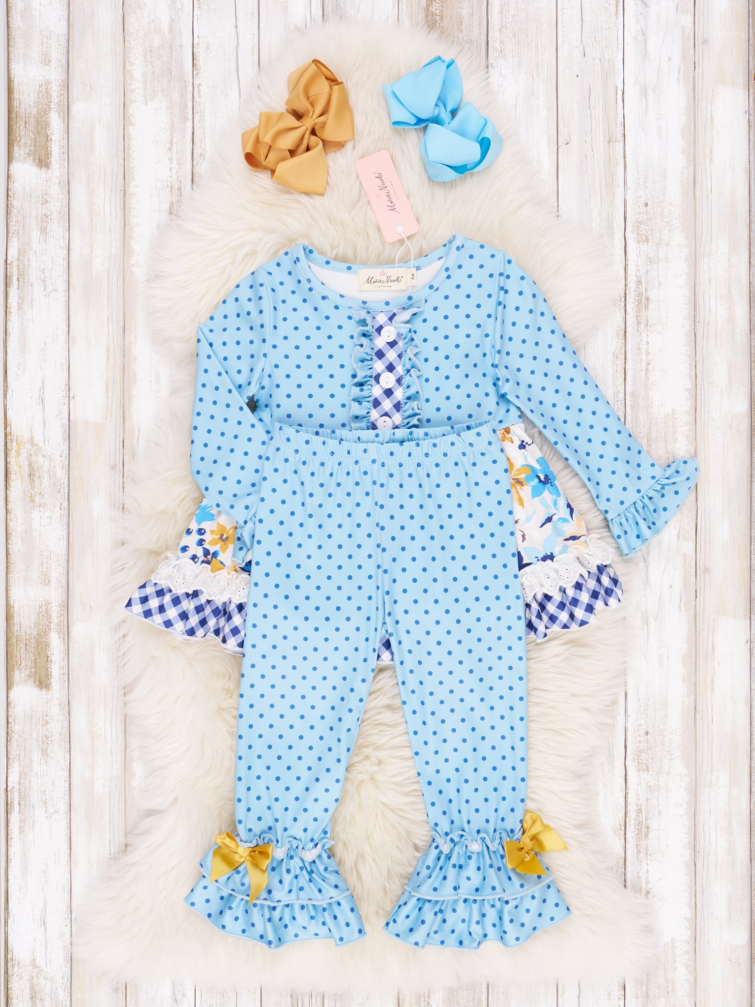 Blue Floral & Gingham Ruffle Outfit - Marie Nicole Clothing