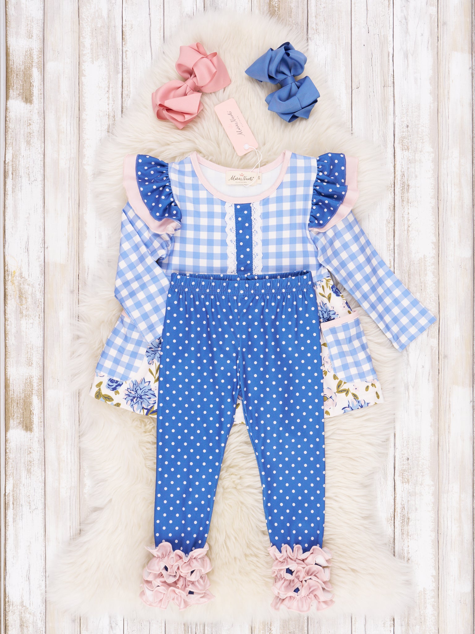 Long - Sleeved Mixed Print Ruffle Outfit - Marie Nicole Clothing