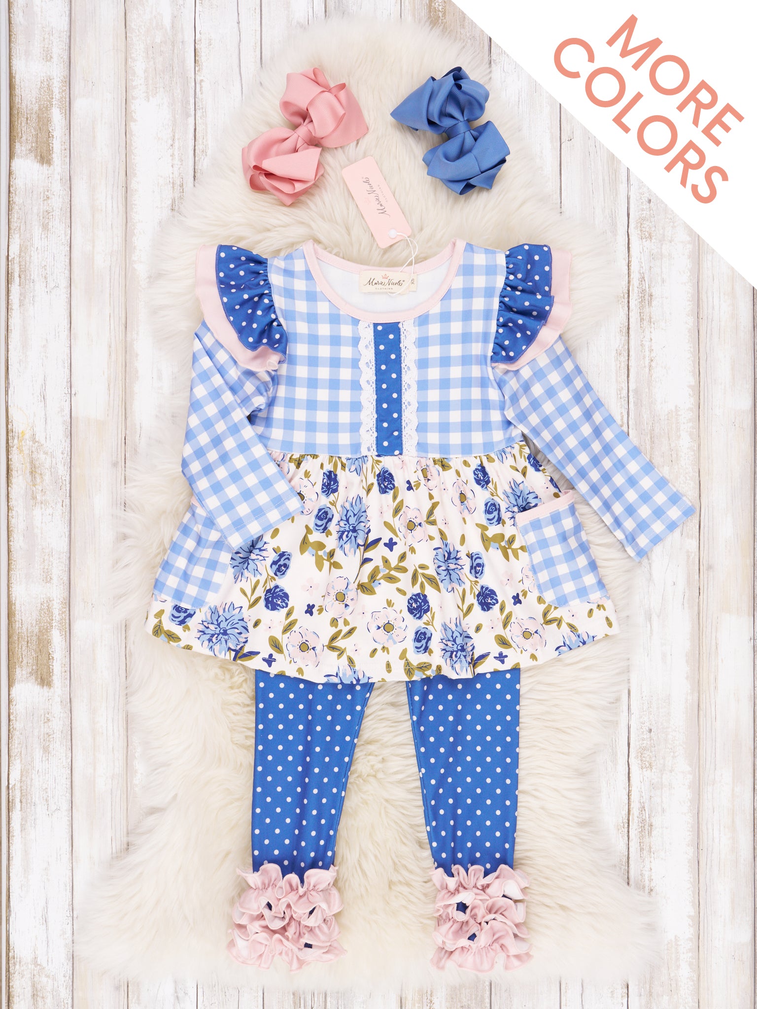 Long - Sleeved Mixed Print Ruffle Outfit - Marie Nicole Clothing