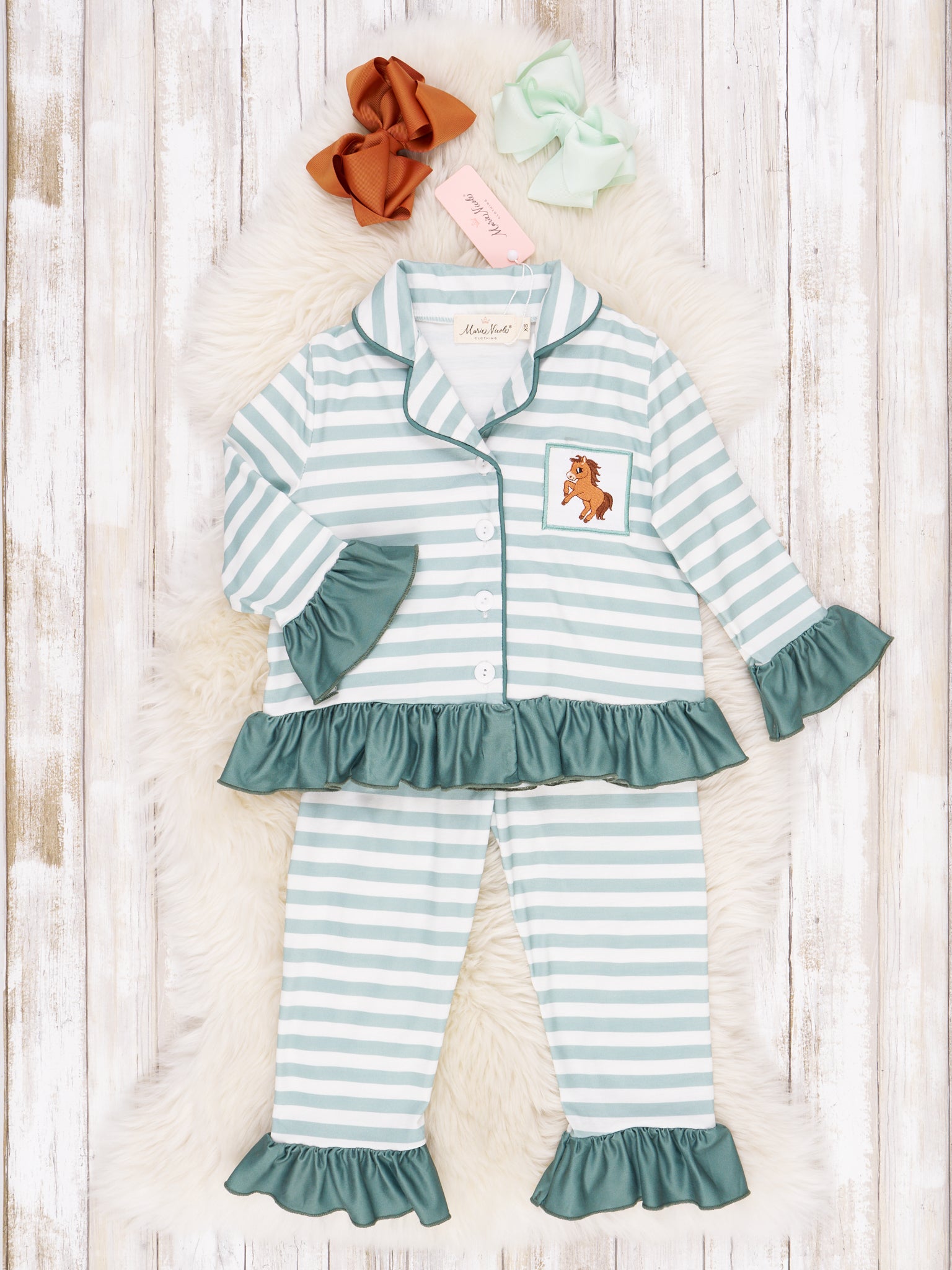 Green & White Stripe Embroidered Horse Pajamas - Boys & Girls - Marie Nicole Clothing