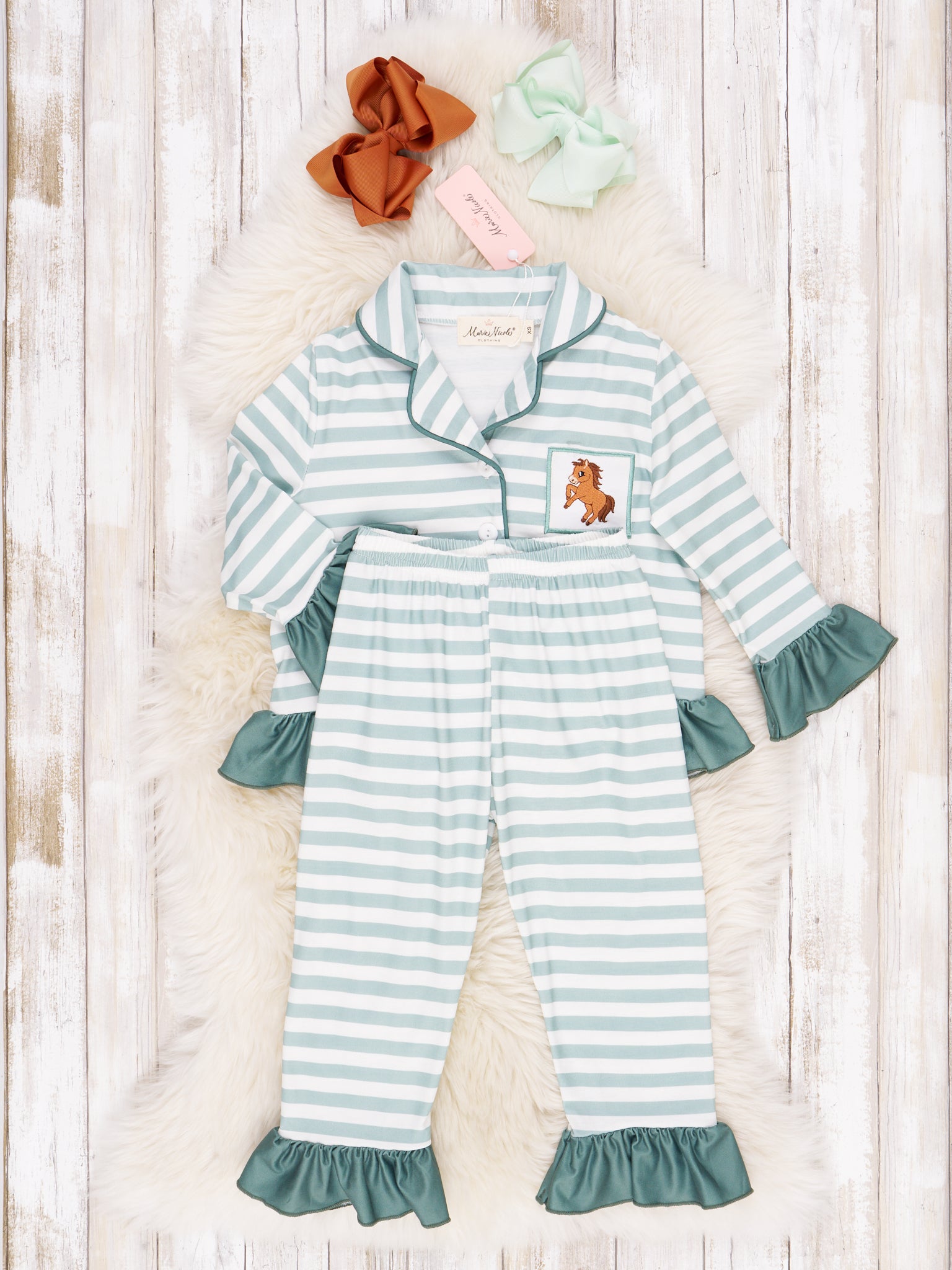 Green & White Stripe Embroidered Horse Pajamas - Boys & Girls - Marie Nicole Clothing