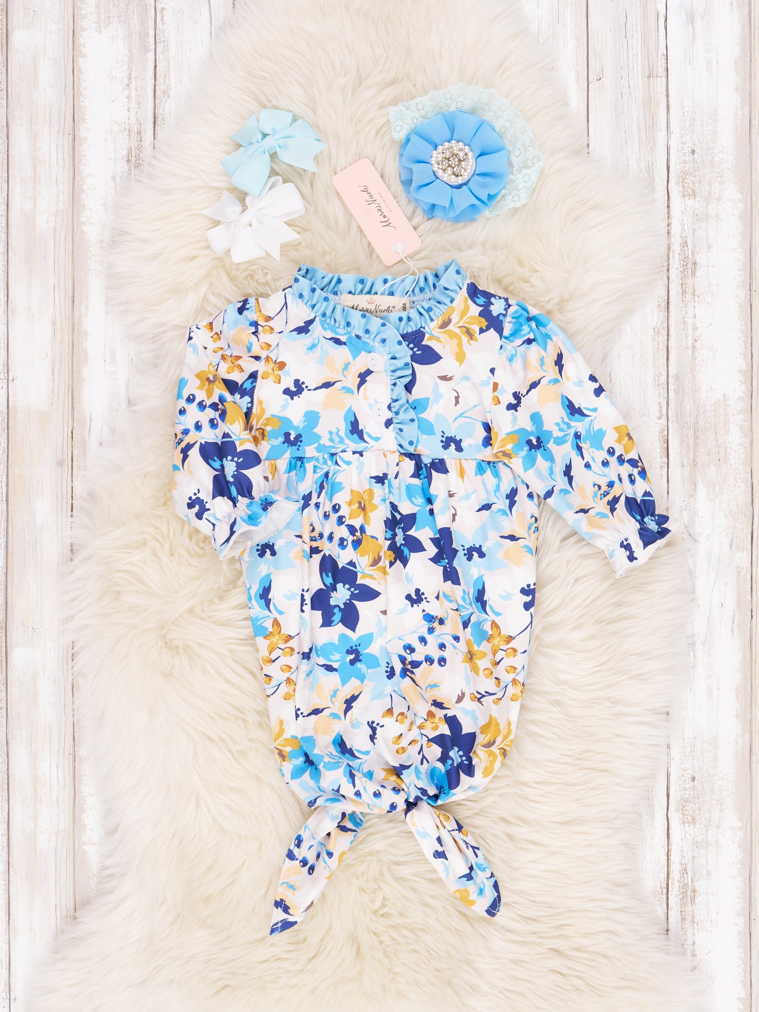 Blue Floral & Gingham Knot Gown - Marie Nicole Clothing