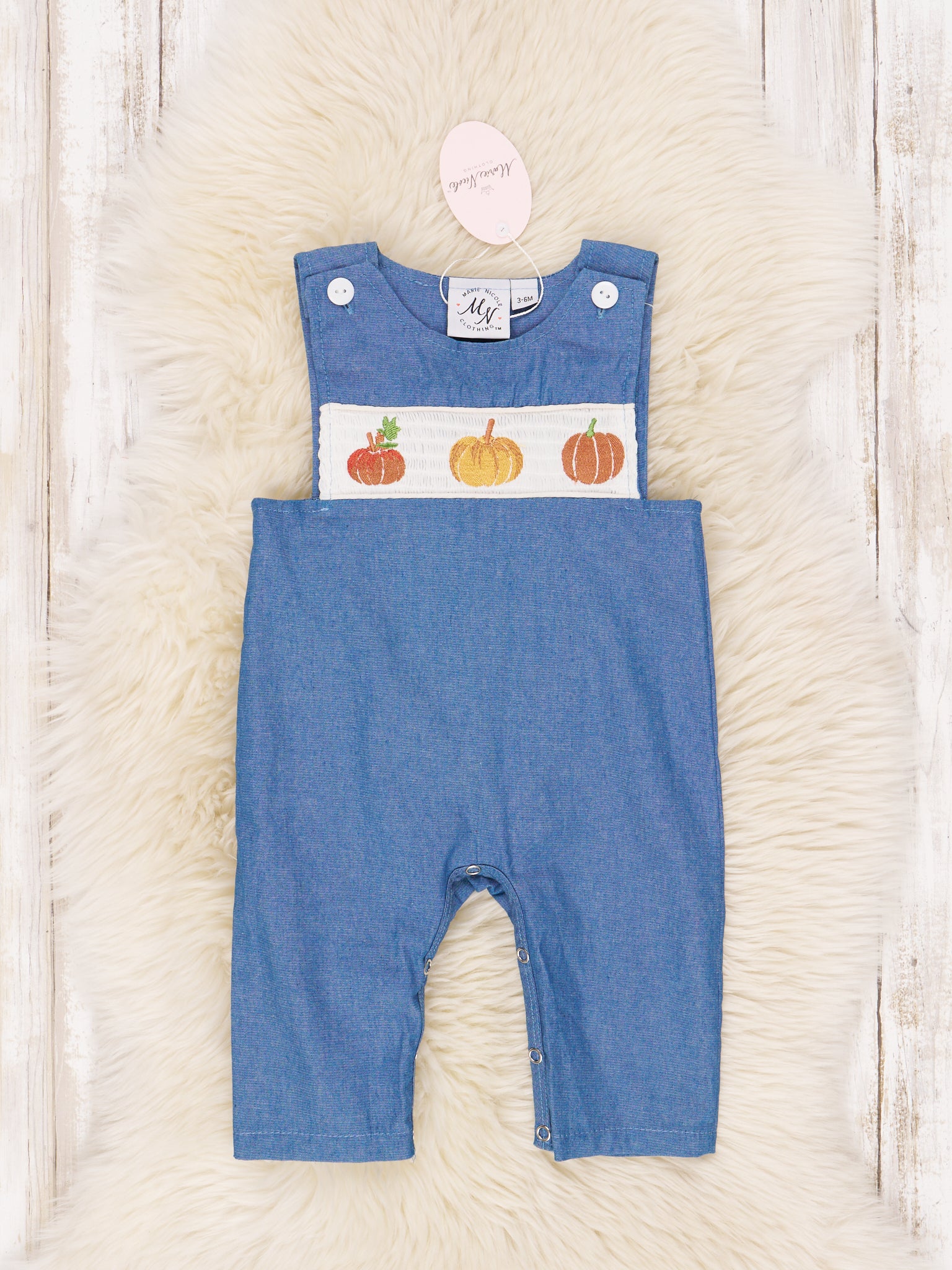 Party Pumpkins Smocked Chambray Johnny - Marie Nicole Clothing