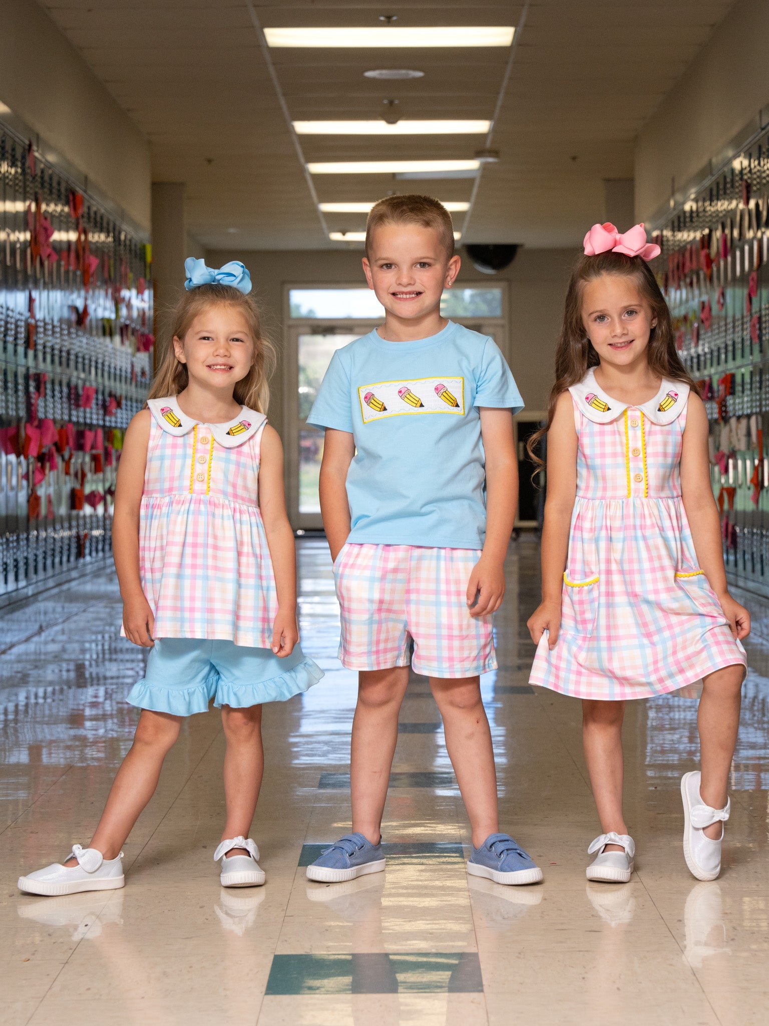 Pastel Pencils Embroidered Plaid Ruffle Dress - Marie Nicole Clothing