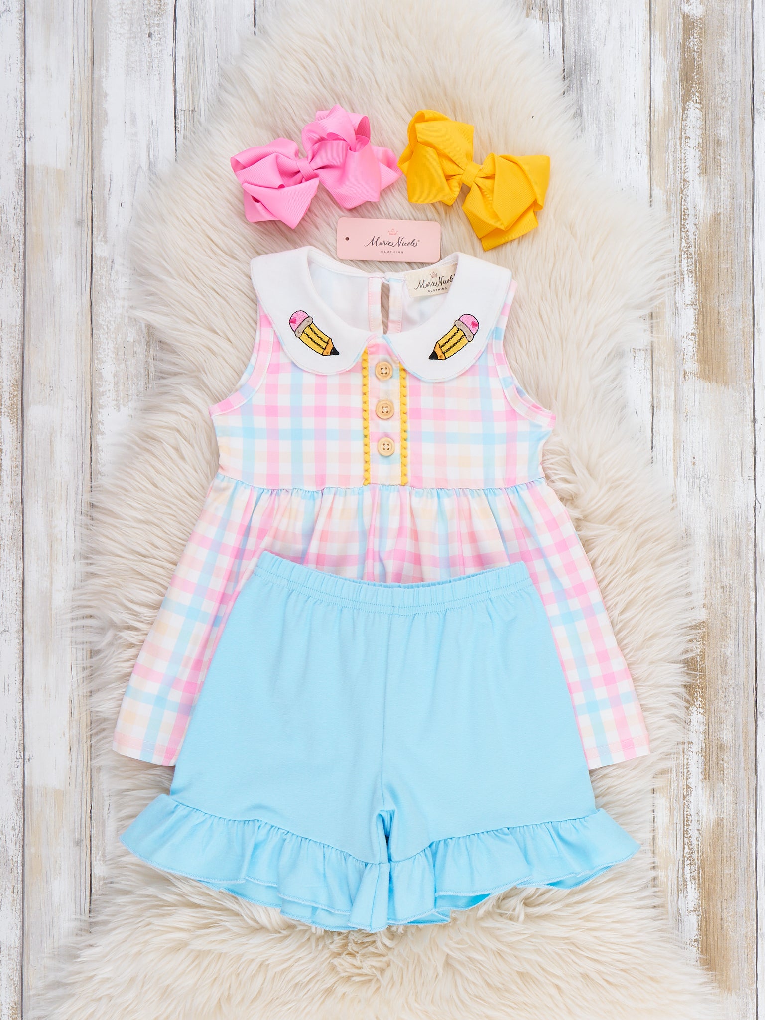 Pastel Pencils Embroidered Plaid Ruffle Outfit - Marie Nicole Clothing