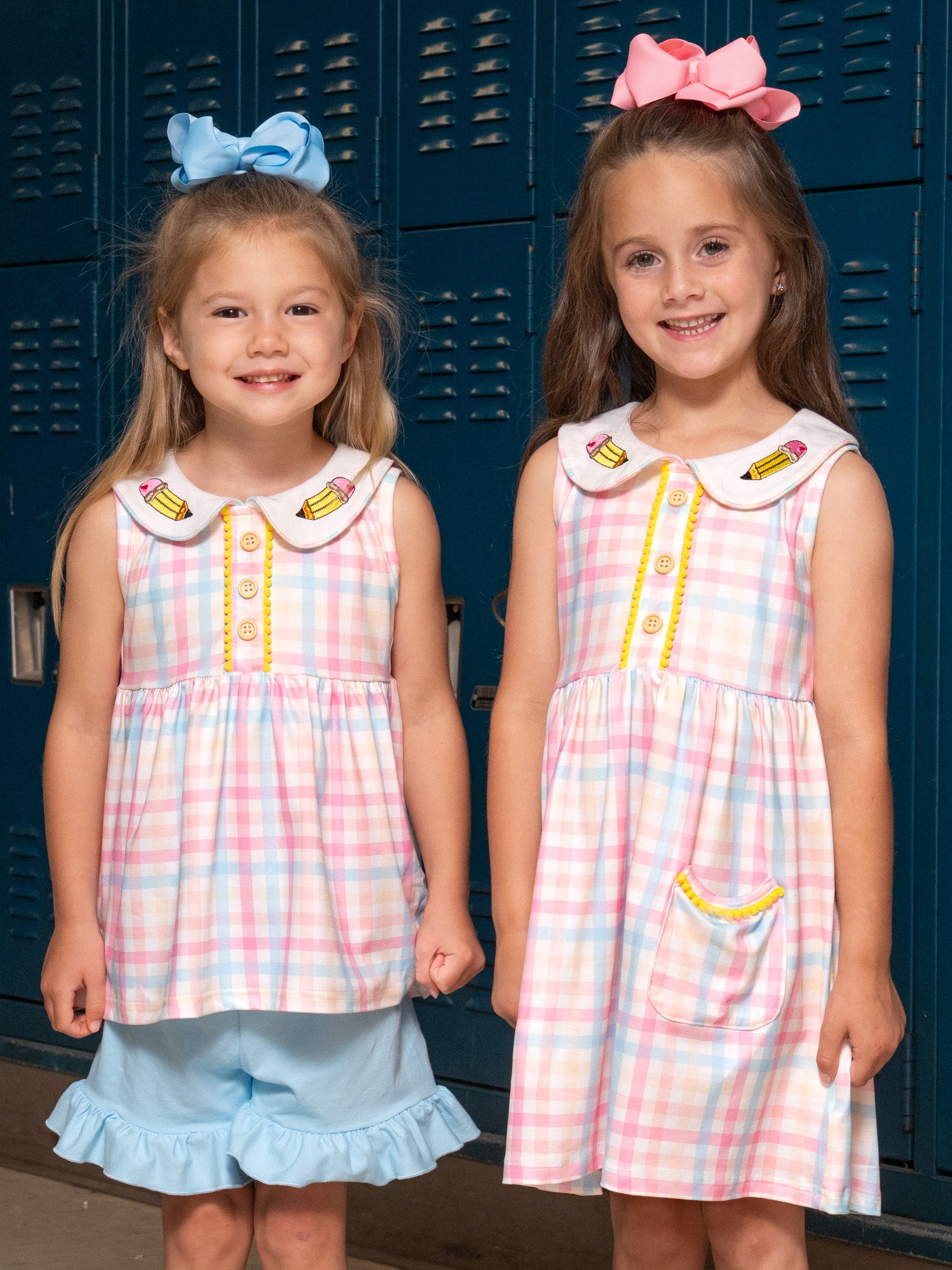 Pastel Pencils Embroidered Plaid Ruffle Outfit - Marie Nicole Clothing