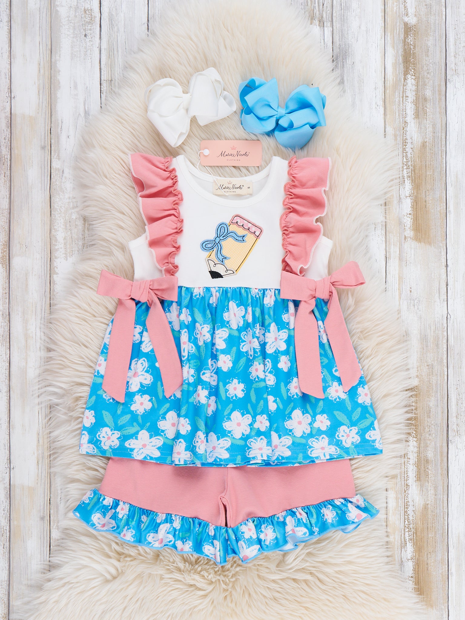 Playtime Pencil Bows Embroidered Ruffle Outfit - Marie Nicole Clothing