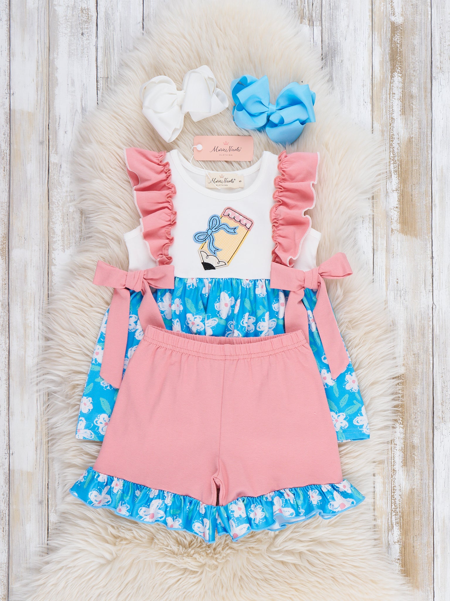 Playtime Pencil Bows Embroidered Ruffle Outfit - Marie Nicole Clothing