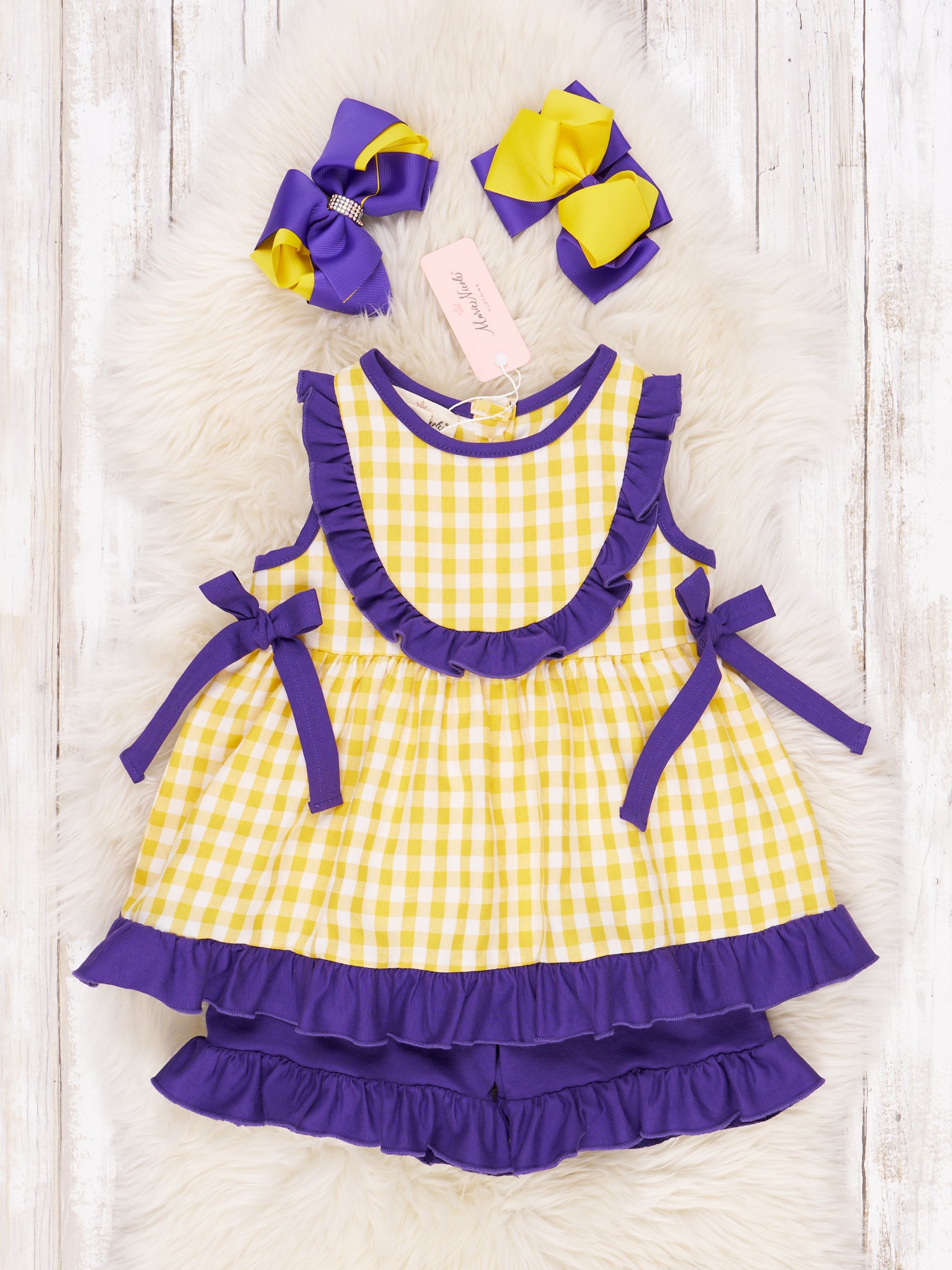 Purple & Gold Gingham Ruffle Outfit - Marie Nicole Clothing