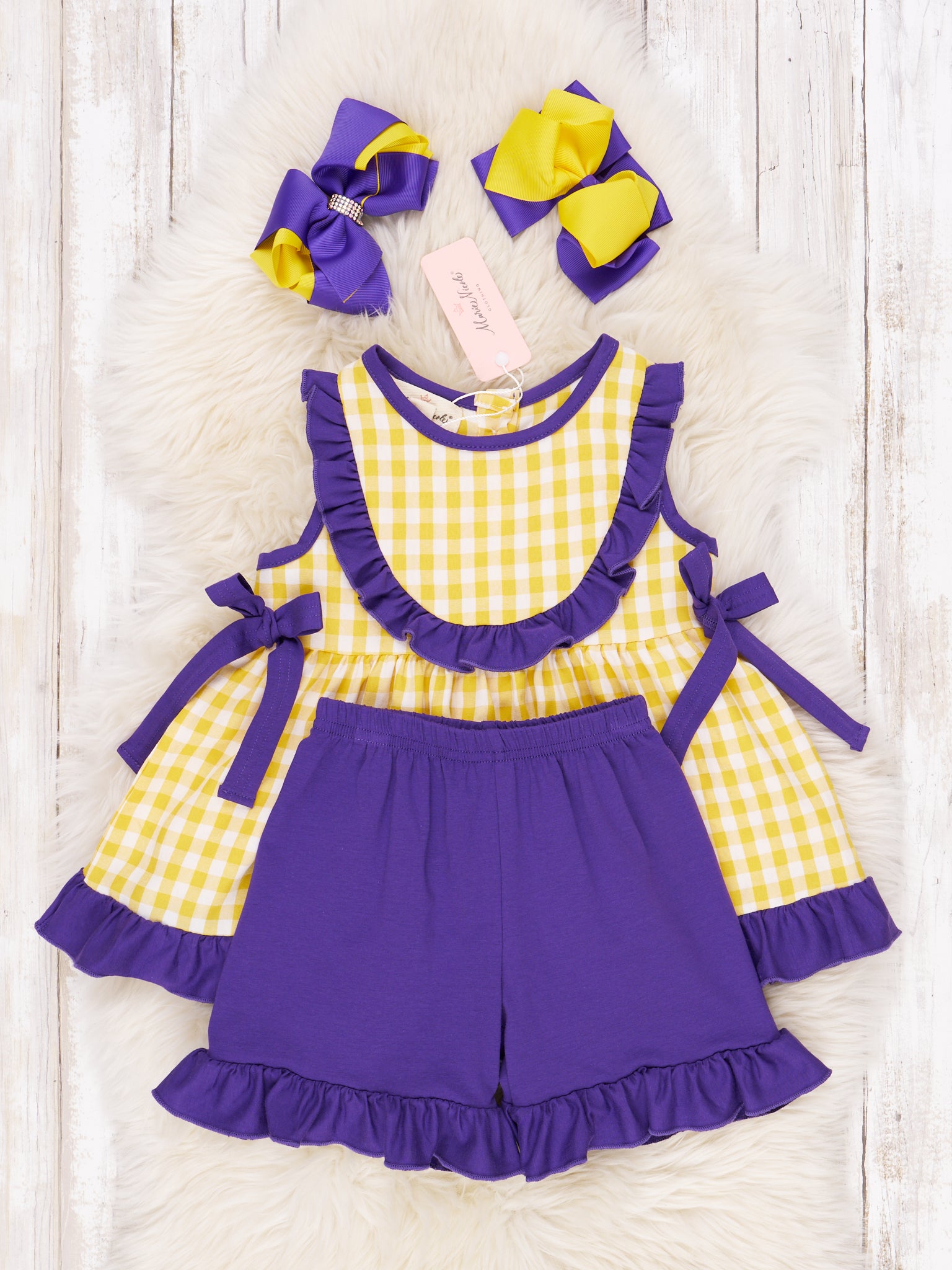 Purple & Gold Gingham Ruffle Outfit - Marie Nicole Clothing