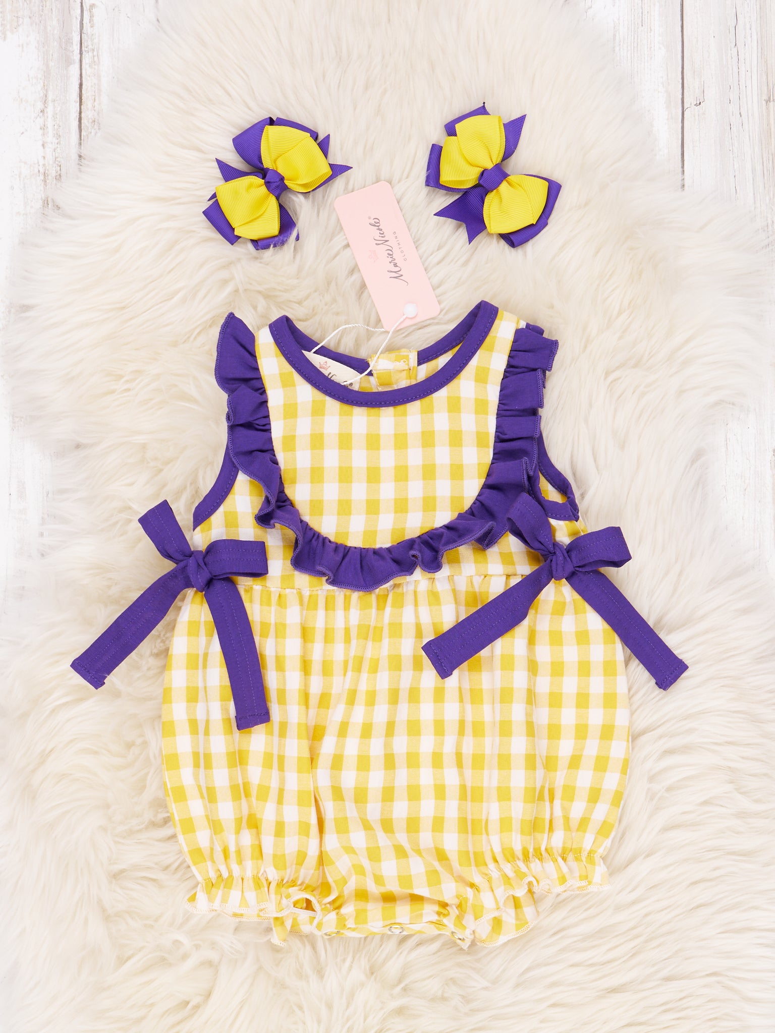 Purple & Gold Gingham Ruffle Romper - Marie Nicole Clothing